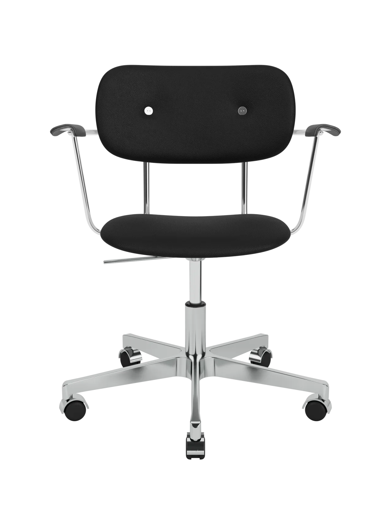 Black upholstered Co Task Chair with black oak armrests on a polished chrome swivel base with casters.