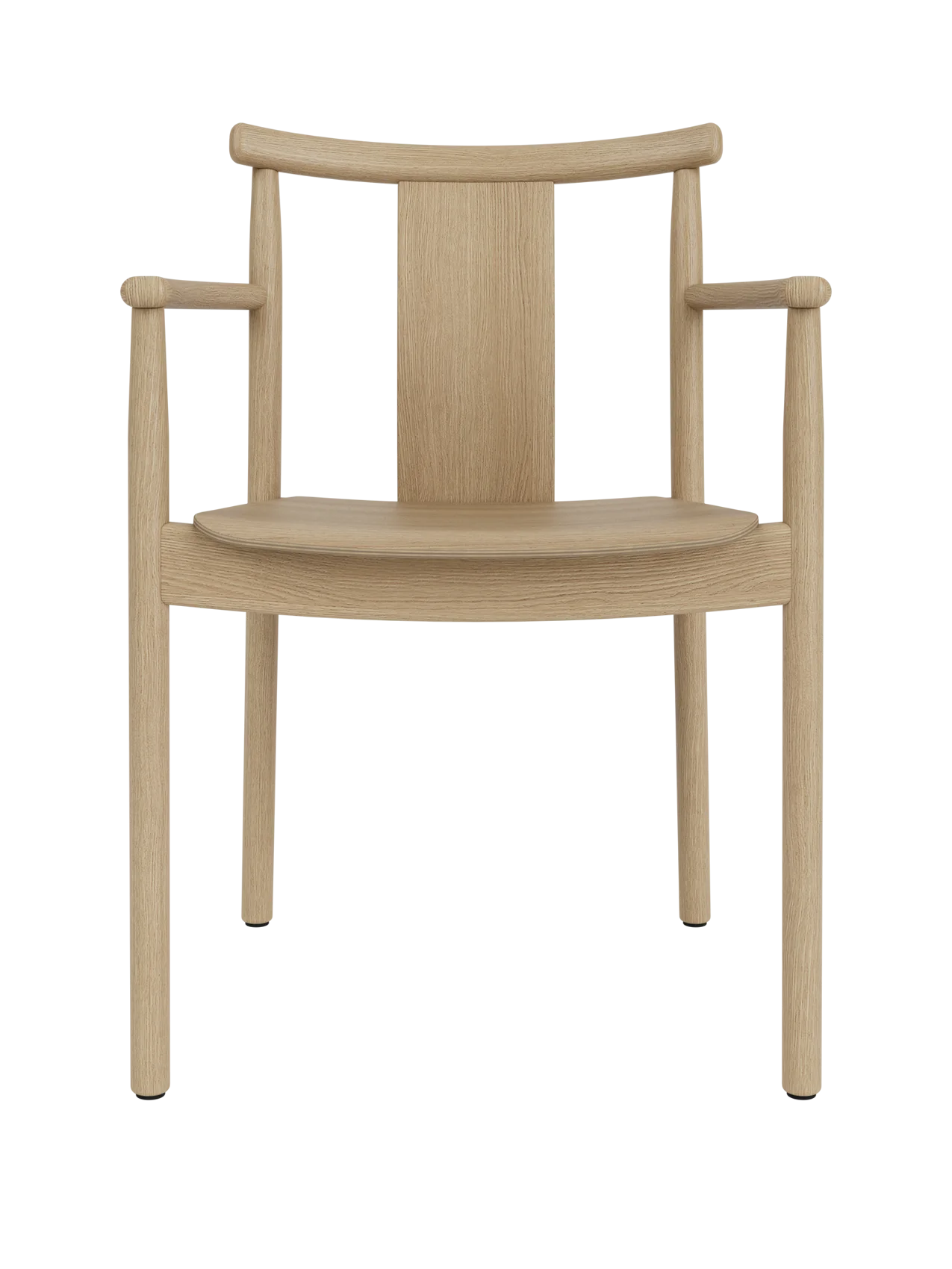 Merkur Dining Chair with Armrests in natural oak, featuring a minimalist solid wood design and curved backrest.