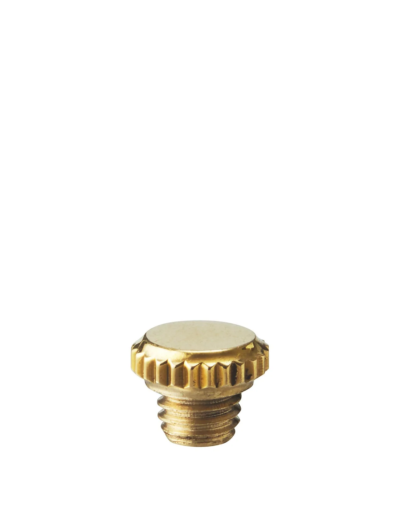 A close-up of a small brass thumb screw with a knurled grip and flat top, shown against a plain white background.