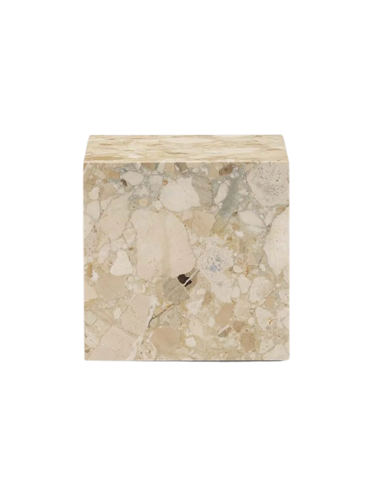 Side view of the Plinth Cubic in Kunis Breccia. The square plinth features a pattern of fragmented beige and grey marble.