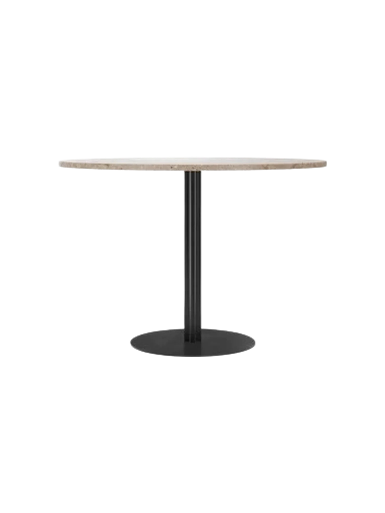 Front view of the Harbour Column Dining Table with a round Kunis Breccia stone top and a black metal column on a round base.