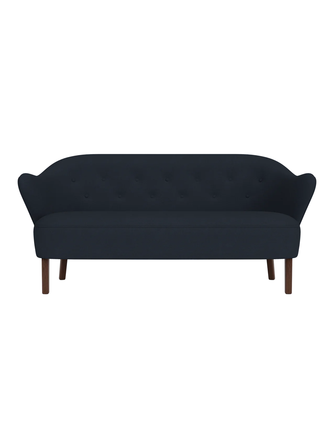 Front view of the Ingeborg Sofa in a dark navy blue textile, featuring a button-tufted back and smoked oak legs.