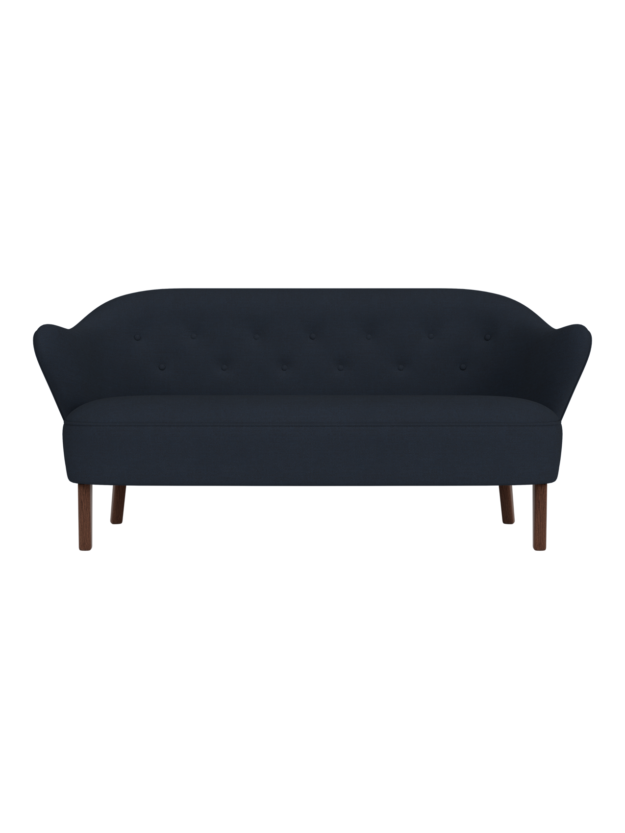 Front view of the Ingeborg Sofa in a dark navy blue textile, featuring a button-tufted back and smoked oak legs.