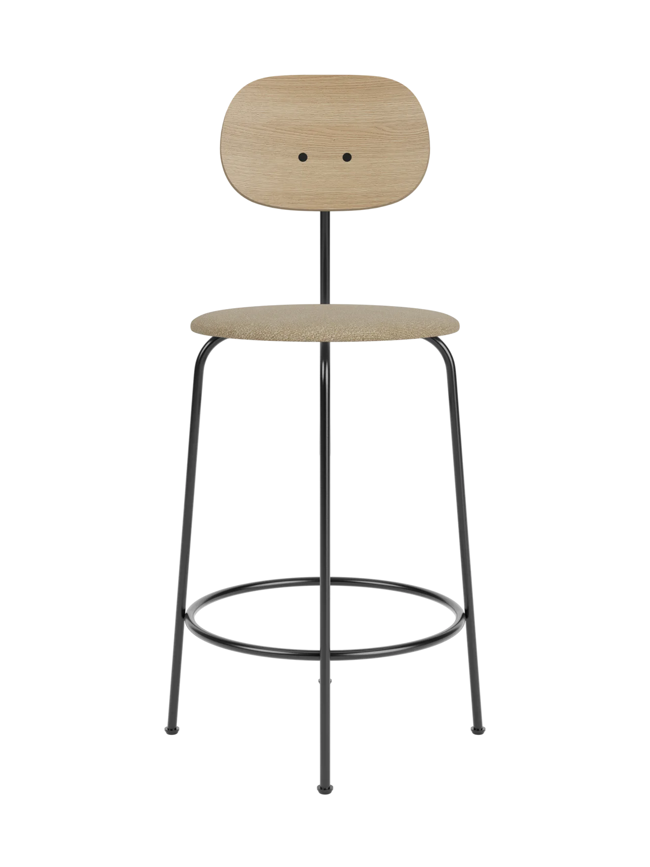 Afteroom Counter Chair Plus featuring a natural oak backrest and beige bouclé seat on a slim black metal frame.