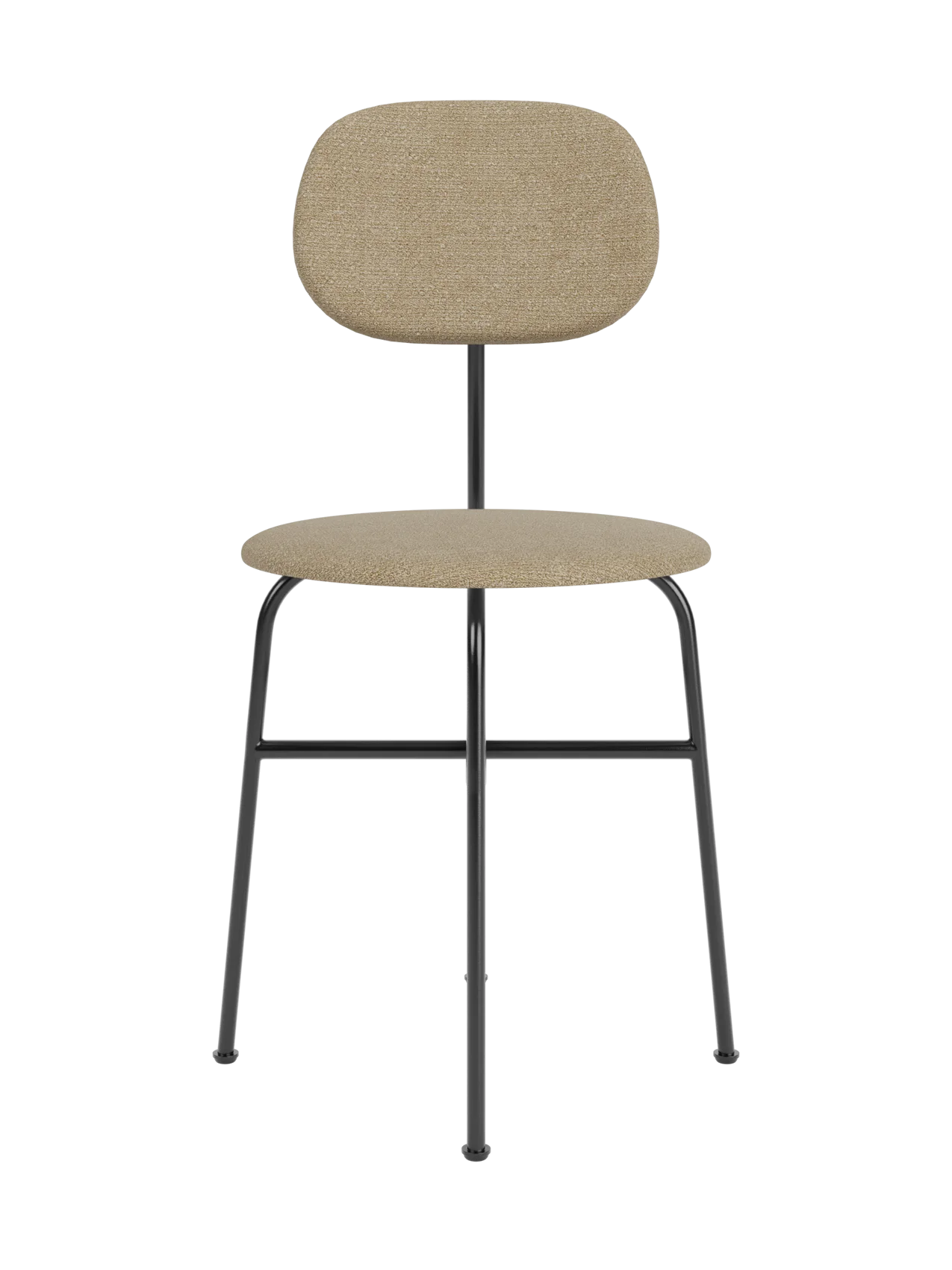 Front view of the Afteroom Dining Chair Plus with beige bouclé upholstery on a slender, black powder-coated steel frame.