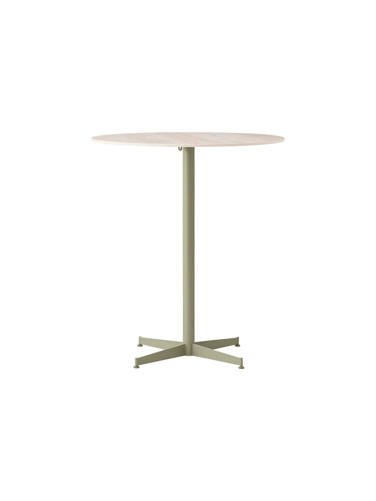 Front view of the Nook Counter Table with a round Kunis Breccia stone top and a four-legged, olive-coloured steel base.