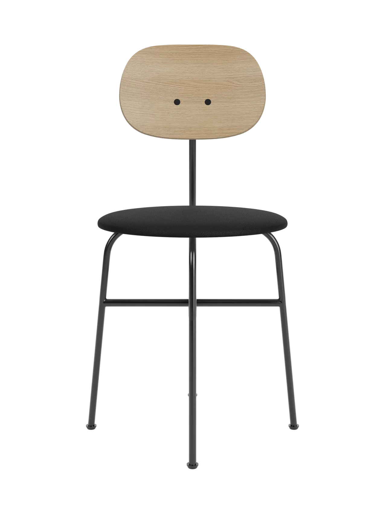 Afteroom Dining Chair Plus, Upholstered Seat with natural oak backrest and minimalist black steel frame.
