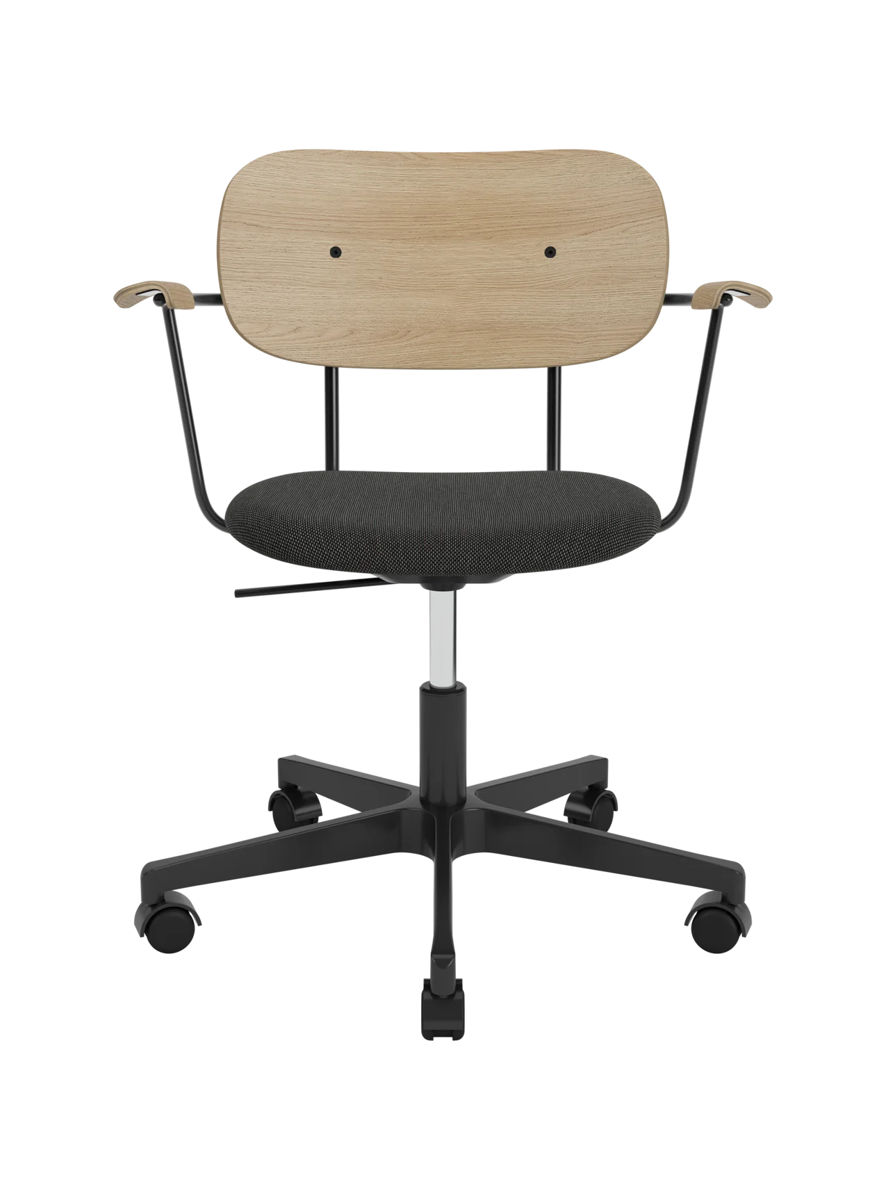 Co Task Chair with natural oak backrest and armrests, black Re-wool 0198 upholstered seat, and black swivel base.