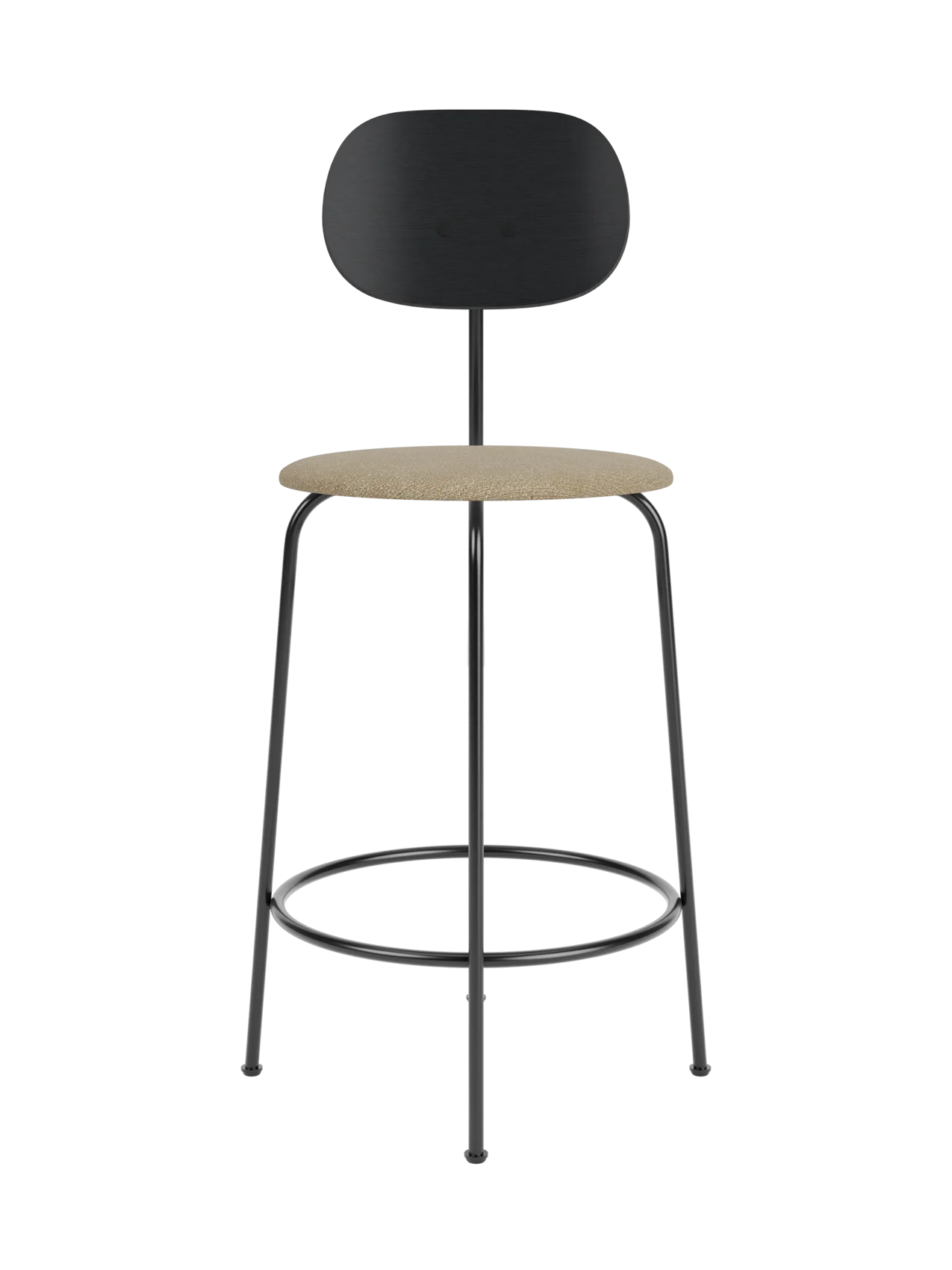 Afteroom Counter Chair Plus with black painted oak backrest and beige Audo Bouclé 02 upholstered seat on a black frame.