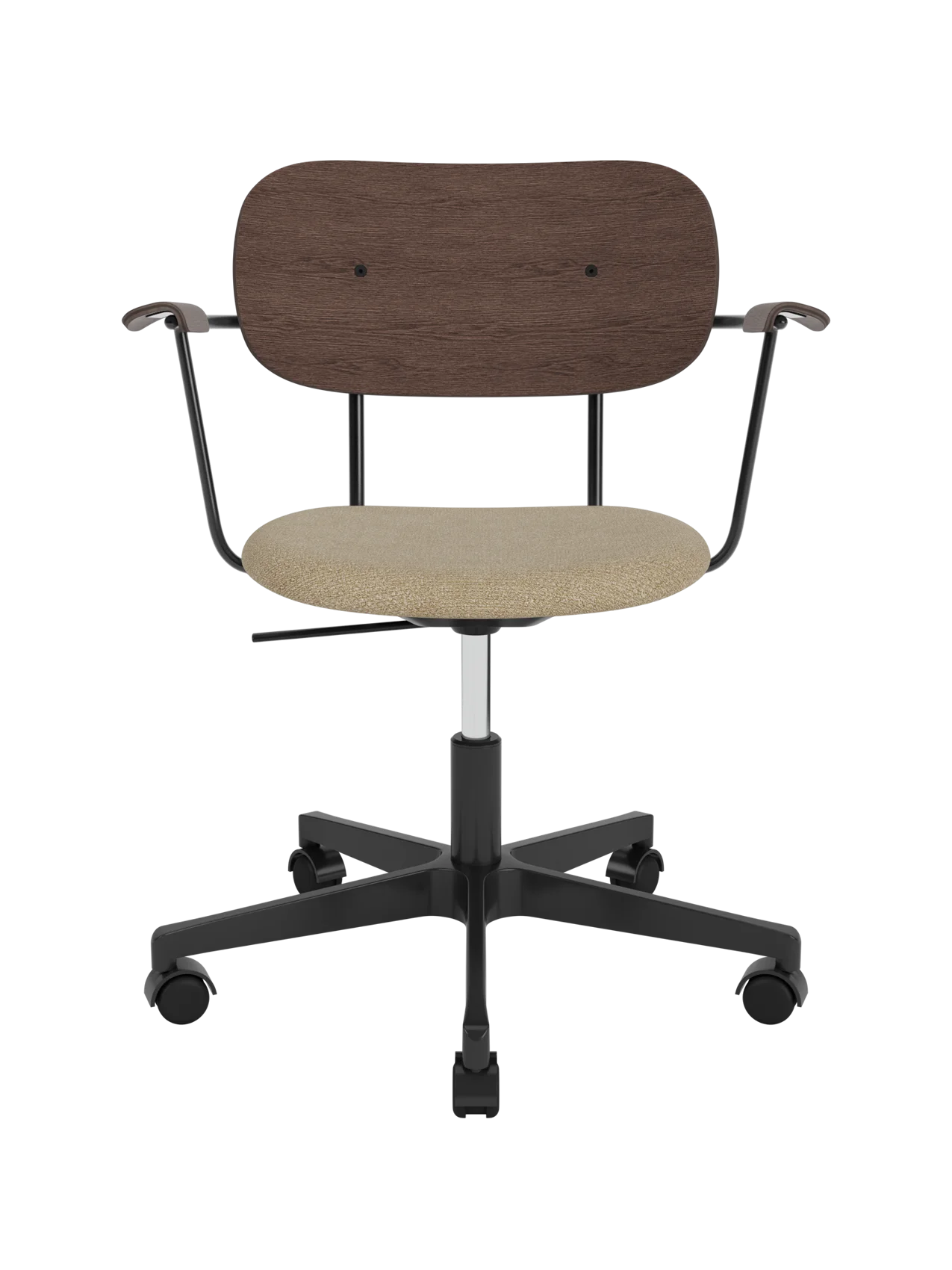 Co Task Chair featuring a dark stained oak back, beige bouclé upholstered seat and black swivel base with castors.
