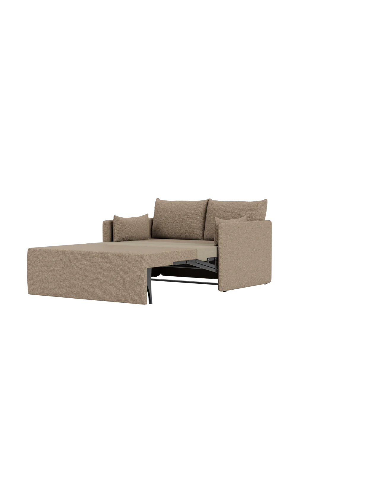 The two-seater Offset Sofa Bed in textured Logan Flint fabric, pulled out into its bed position against a black background.