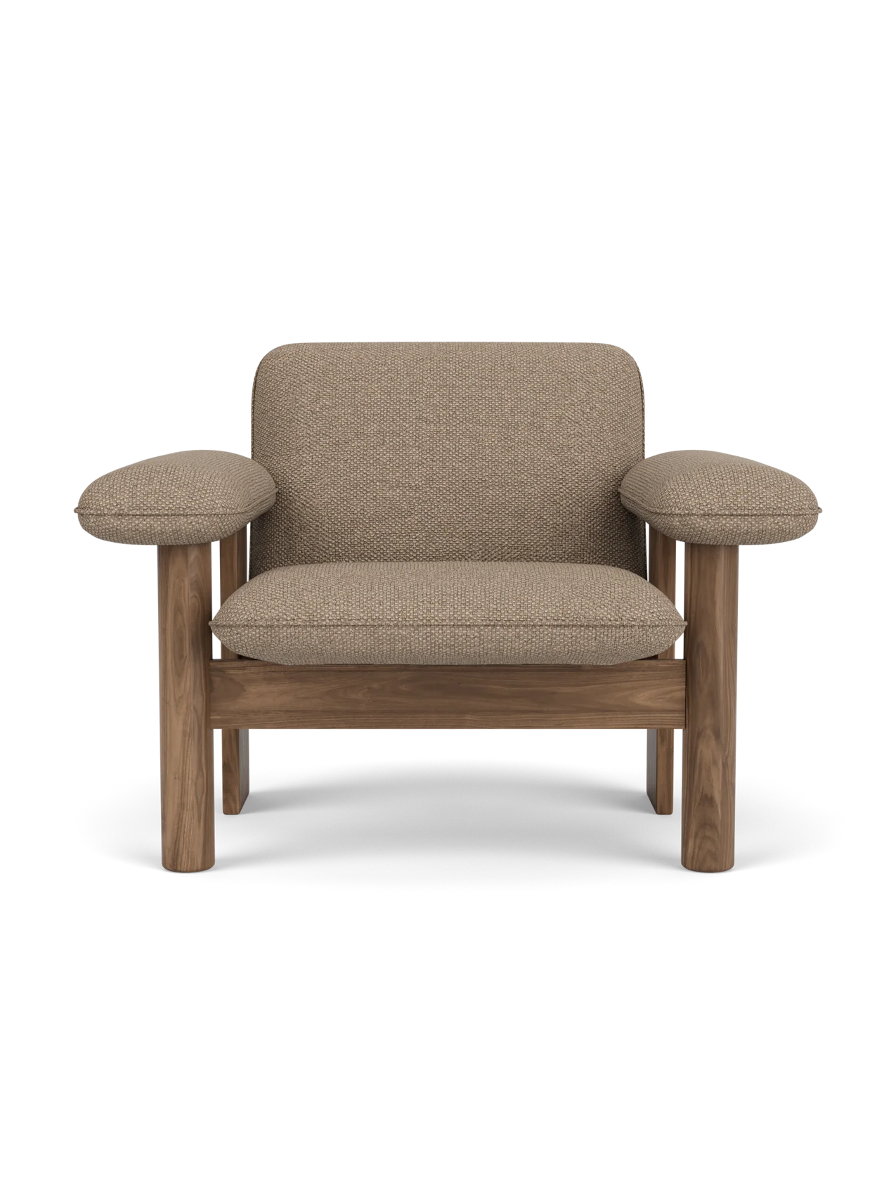 Front view of the Brasilia Lounge Chair, Low Back, featuring a solid walnut frame and Logan Flint textile upholstery.