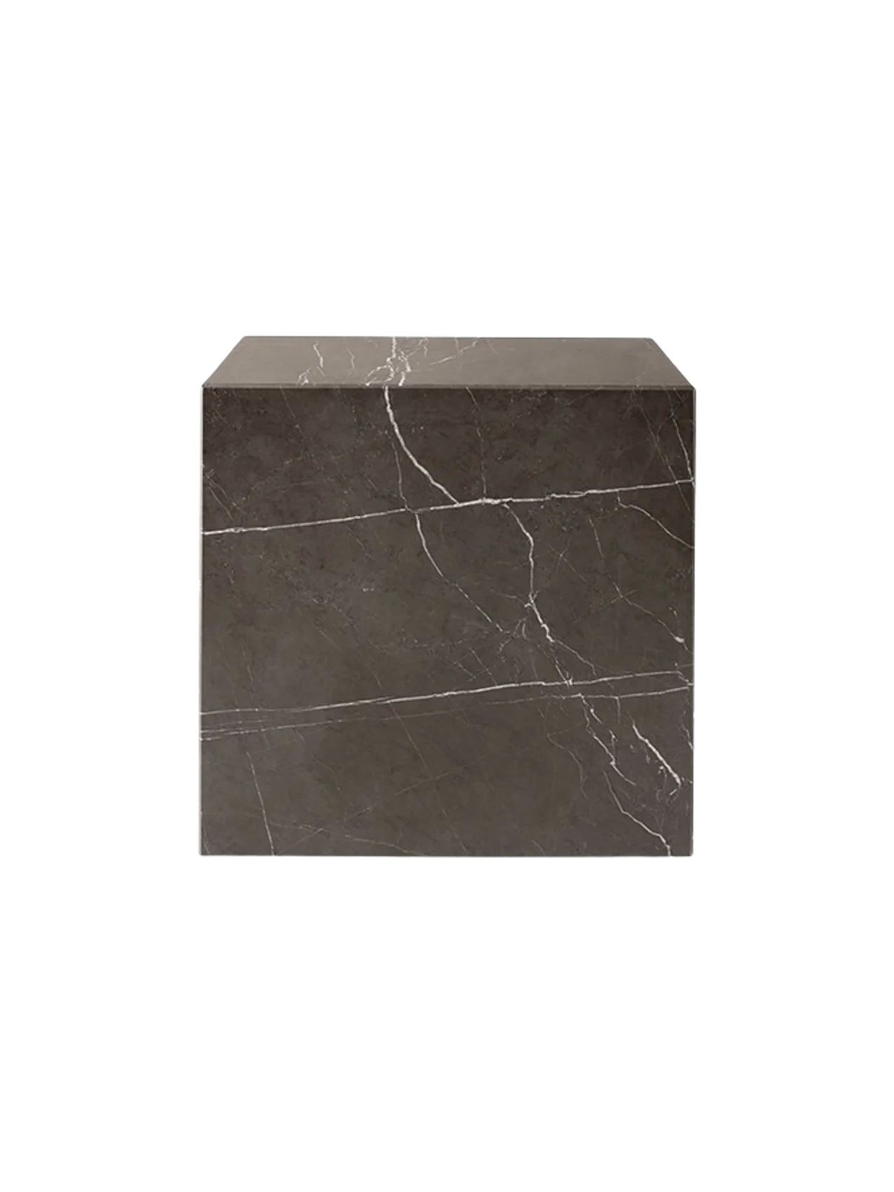 The Plinth Cubic, a minimalist cube-shaped side table made from dark brown-grey marble with prominent white veining.