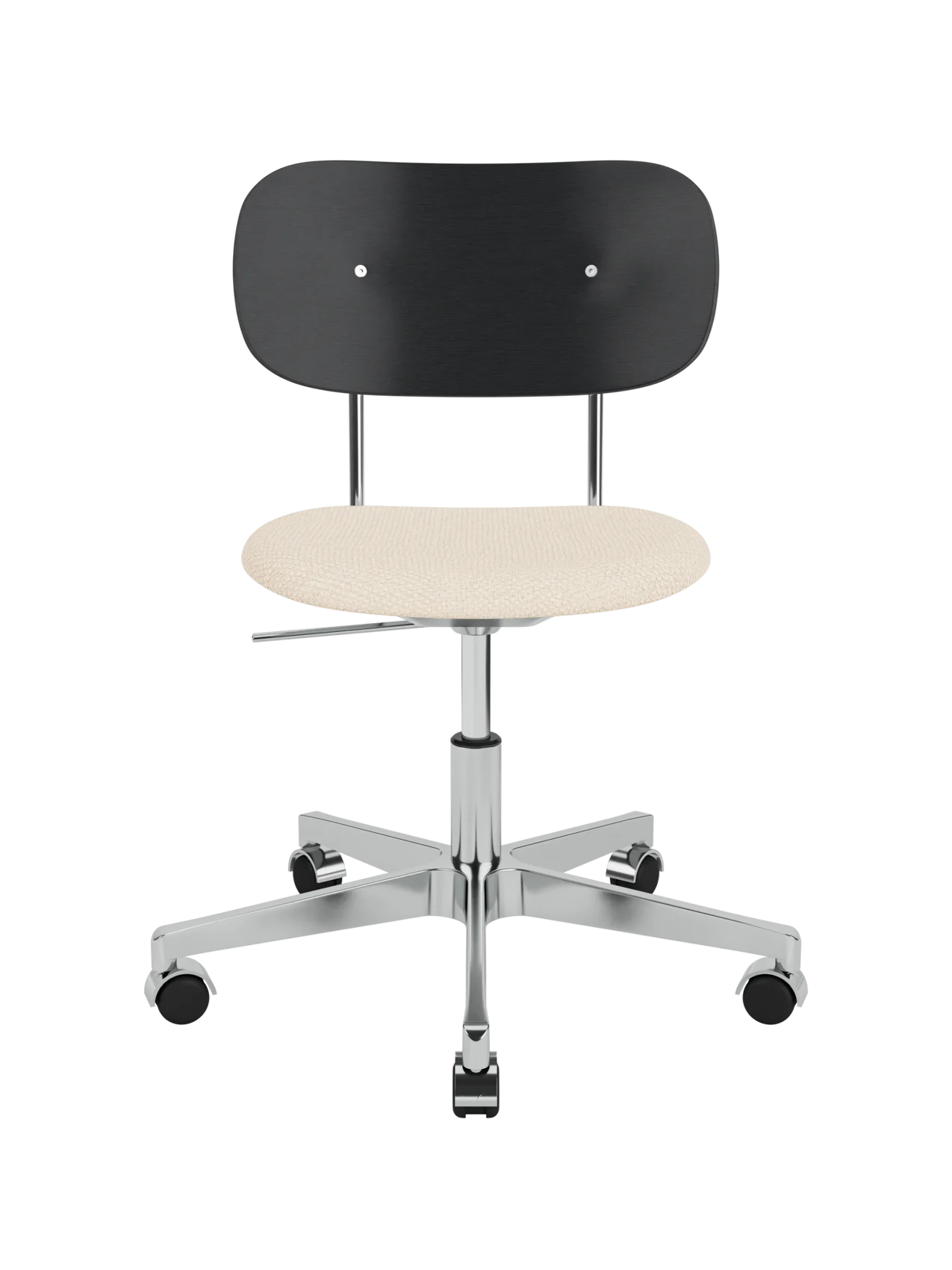 Co Task Chair featuring a black oak backrest, Logan Jasmine upholstered seat, and a polished aluminium swivel base.