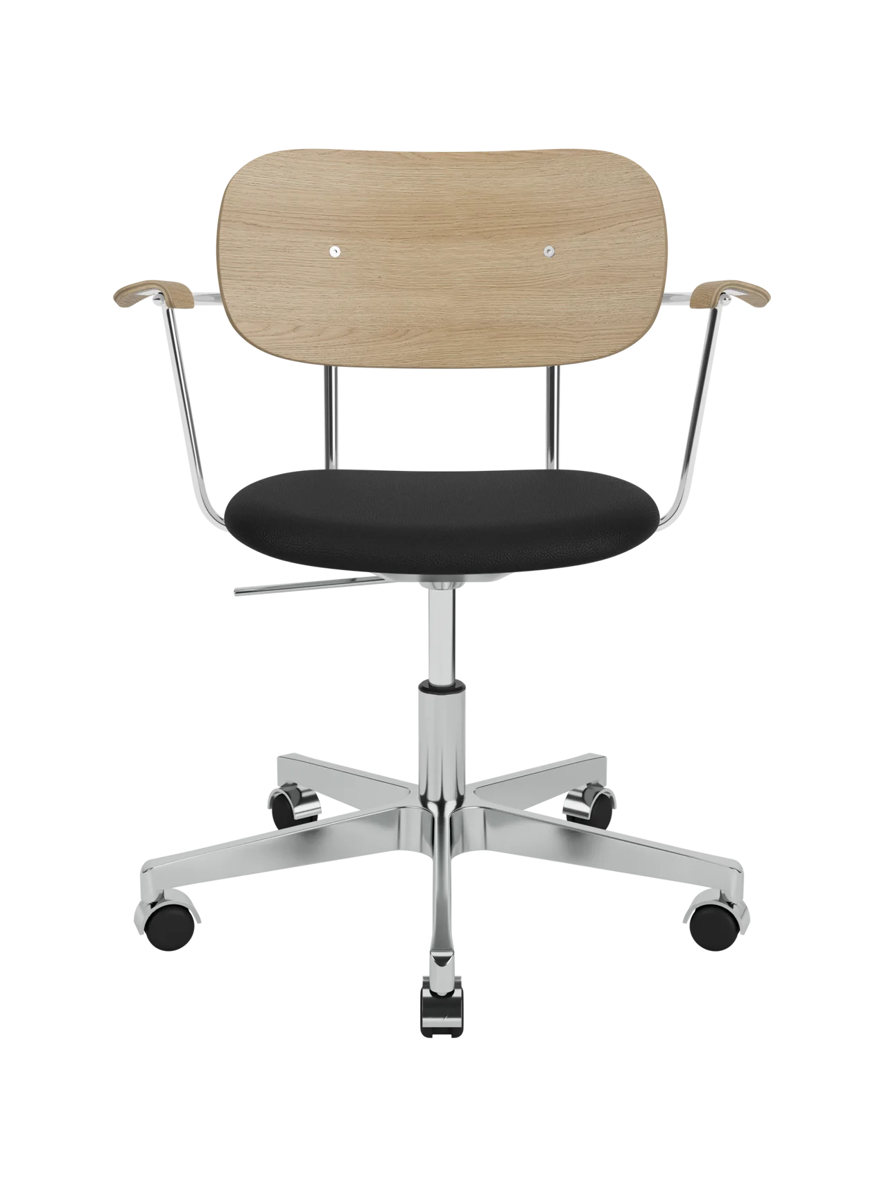 Co Task Chair featuring a natural oak back, black upholstered seat and armrests on a polished aluminium base with castors.