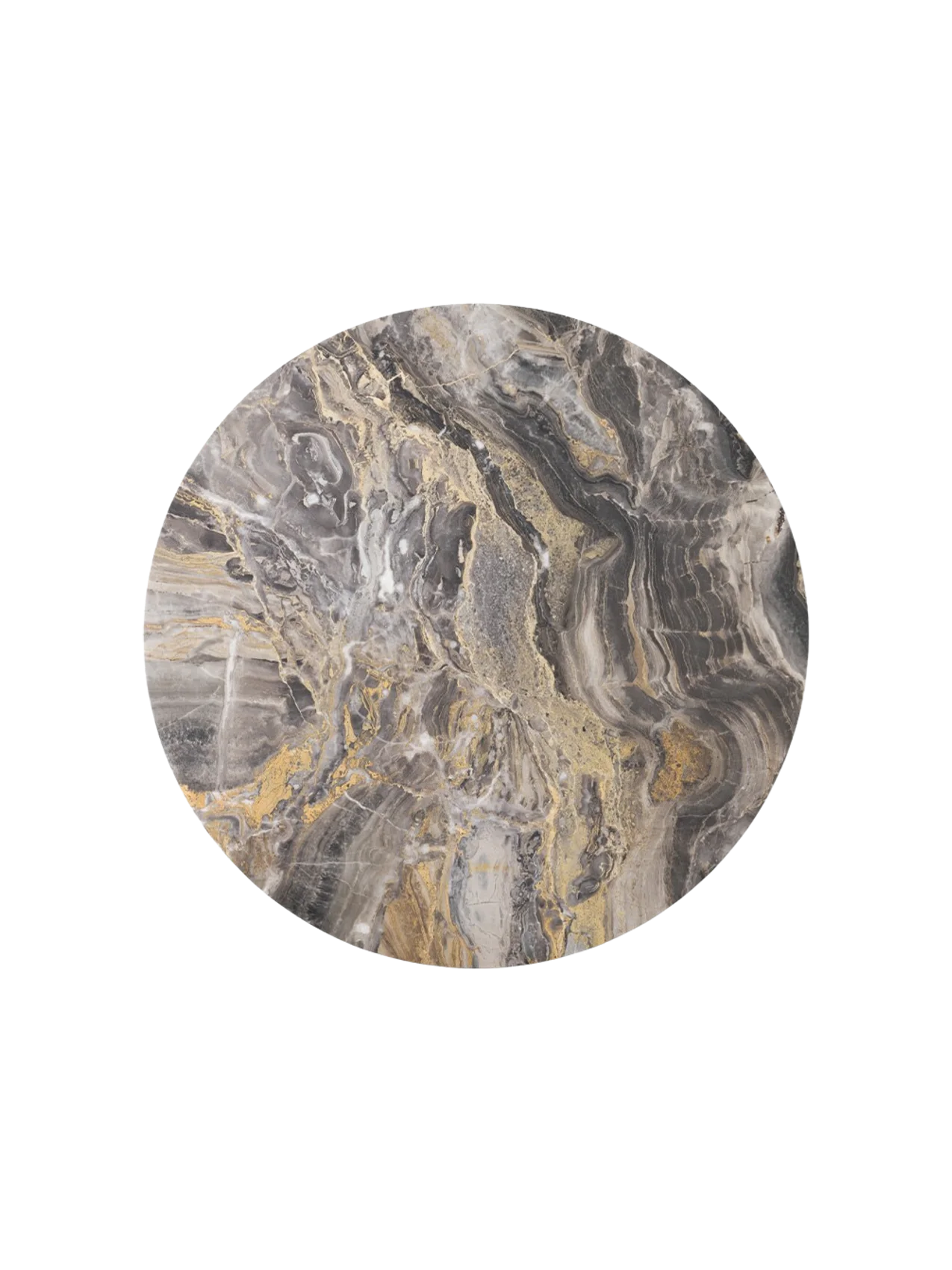 Top view of the Plinth Table's circular Grey Kendzo marble top, showing its swirling grey, white, and gold patterns.
