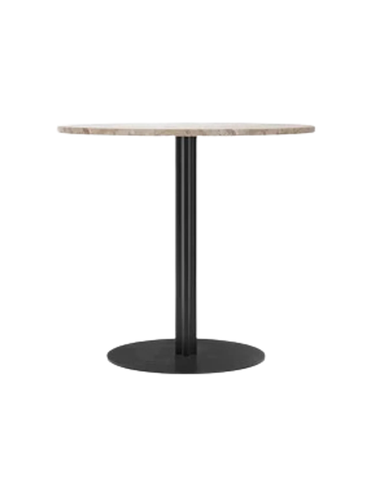 Harbour Column Dining Table with a round Kunis Breccia stone top on a slender black pedestal with a circular base.