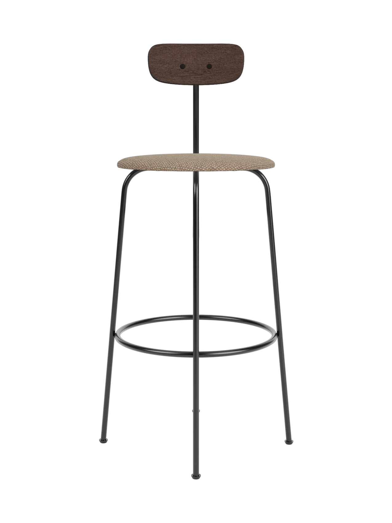 Afteroom Bar Chair, Seat Upholstered in Logan Flint with a dark stained oak backrest and a minimalist black steel frame.