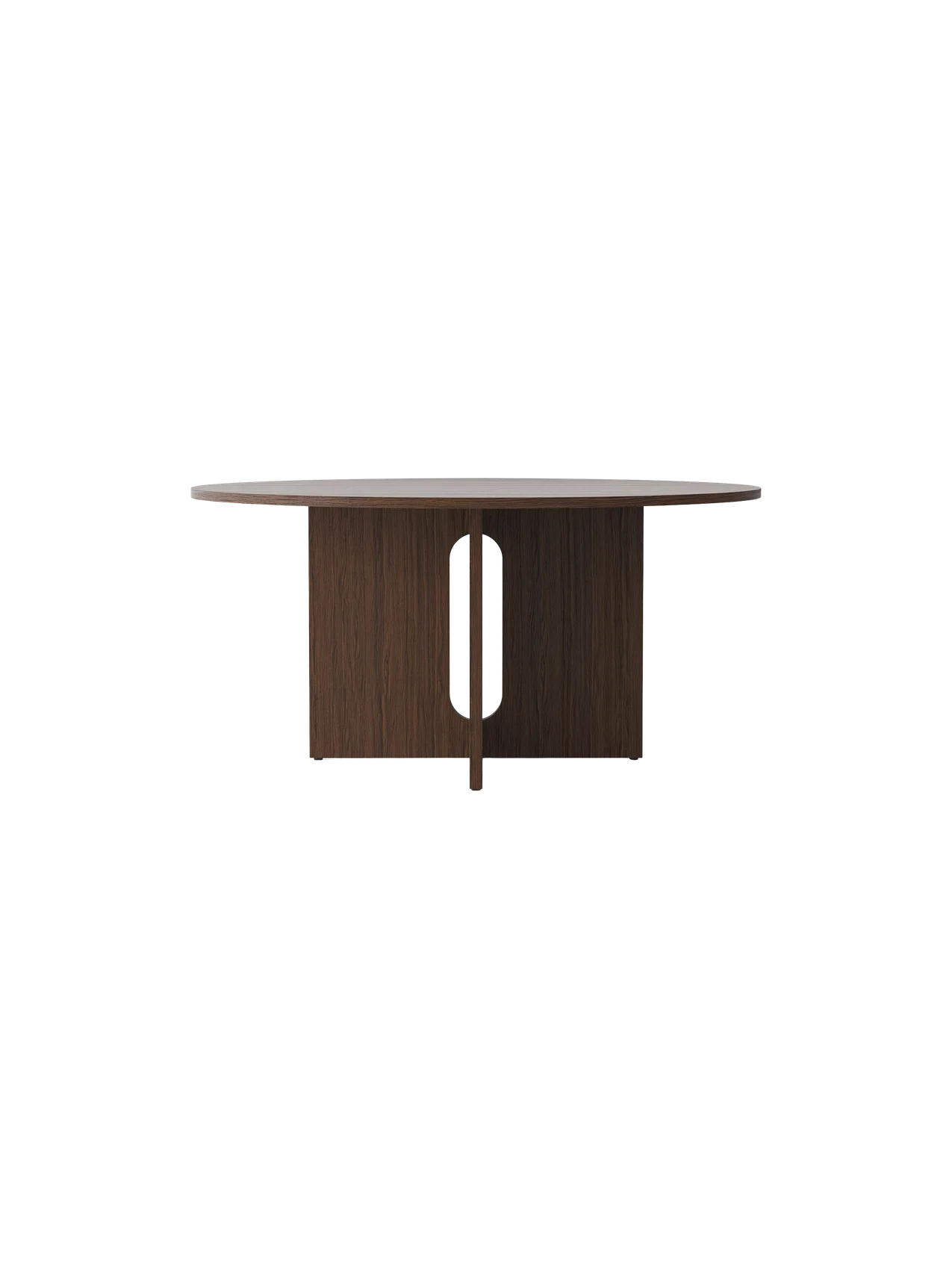 Front view of the Androgyne Dining Table, Round, dark stained oak, featuring a wide base with a central pill-shaped cutout.