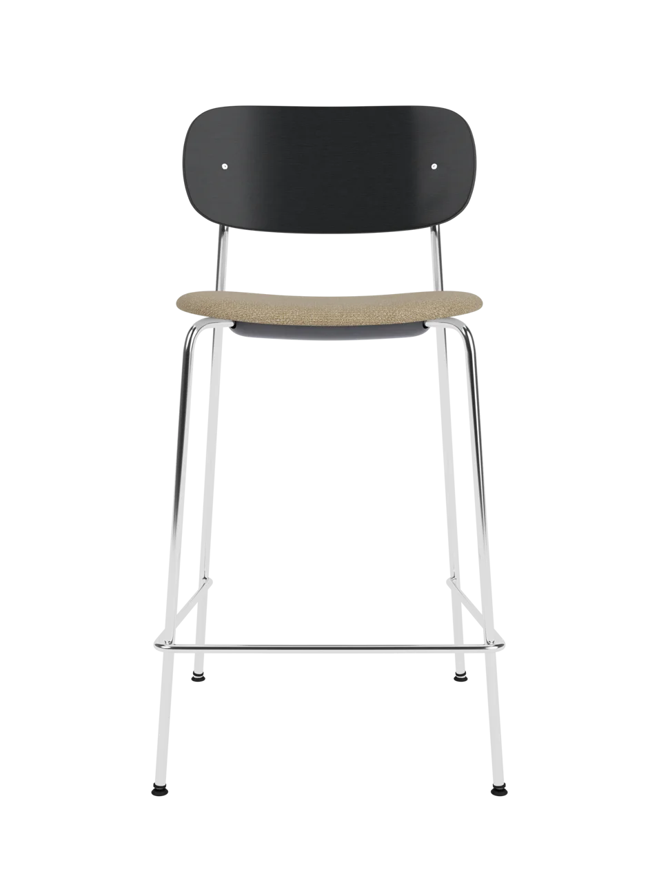 Co Counter Chair with a black painted oak backrest, bouclé upholstered seat, and chrome frame against a black background.