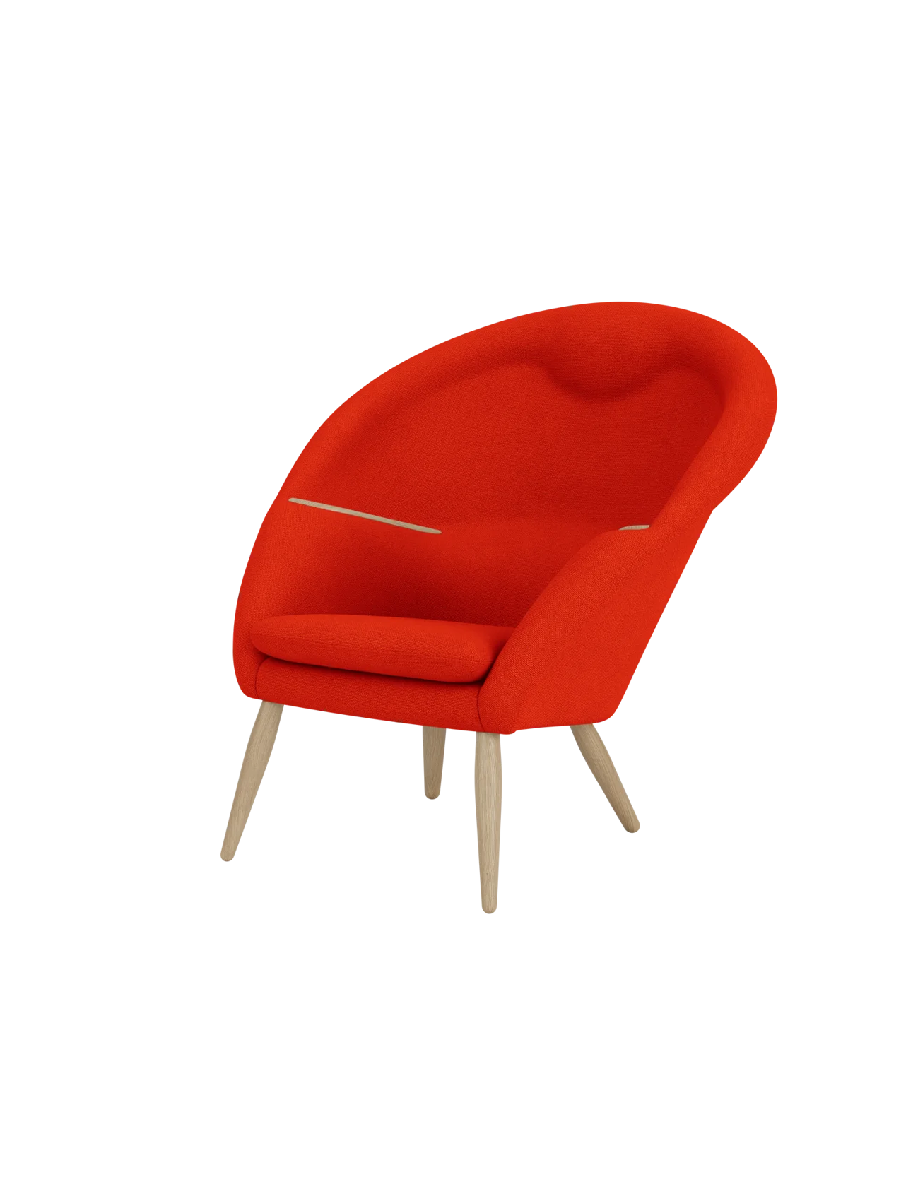 A three-quarter view of the Oda Lounge Chair, upholstered in red Hallingdal 600 fabric with natural oak legs and armrests.
