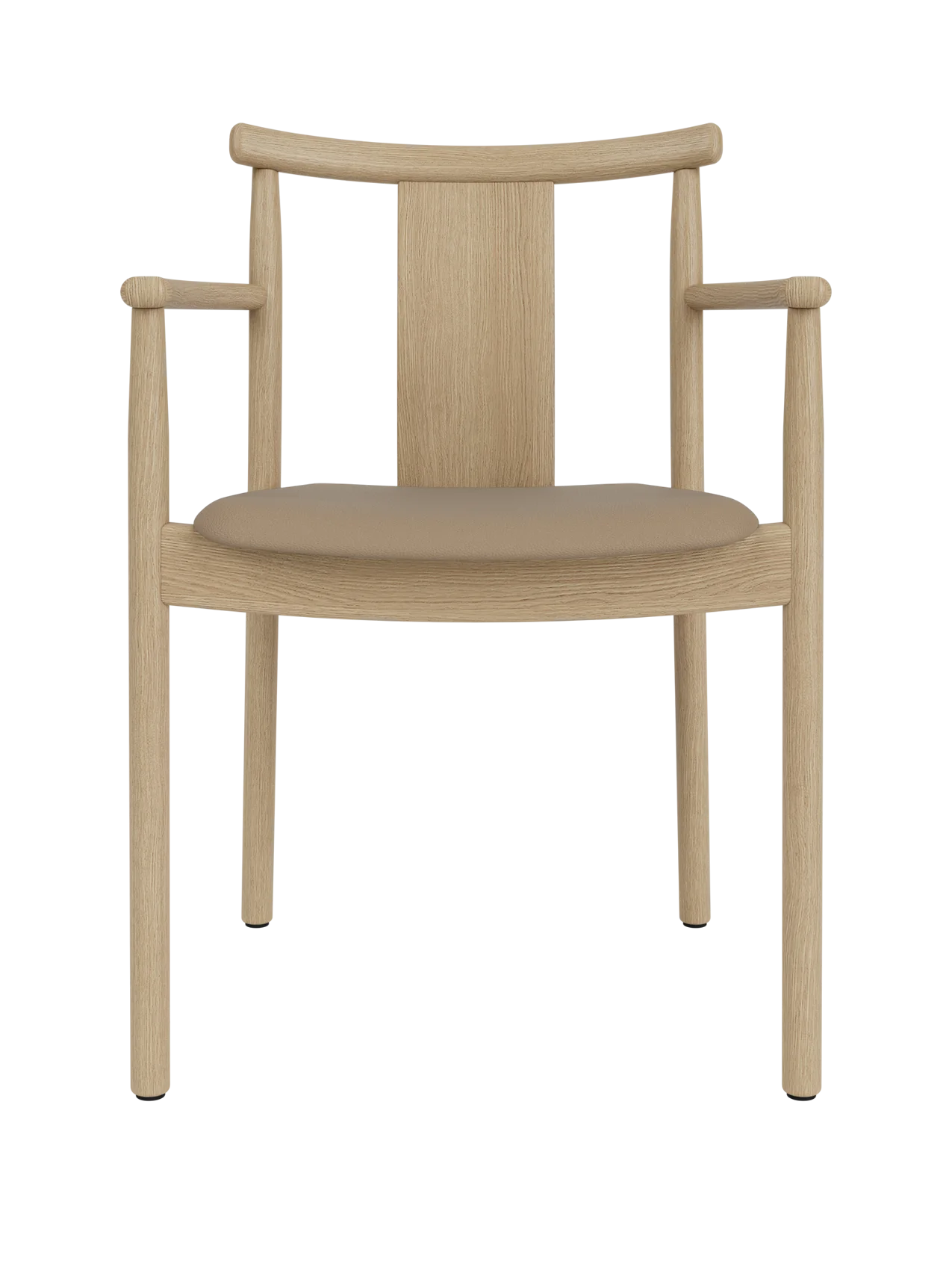 Merkur Dining Chair with Armrests in natural oak with a taupe Sierra leather seat, front view.