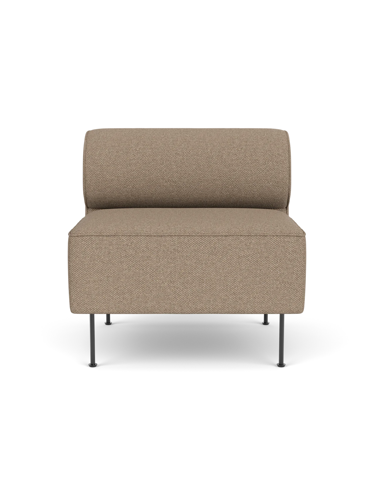 Front view of an Eave Dining Sofa module upholstered in light brown Logan Flint fabric, with a low back and slim metal legs.