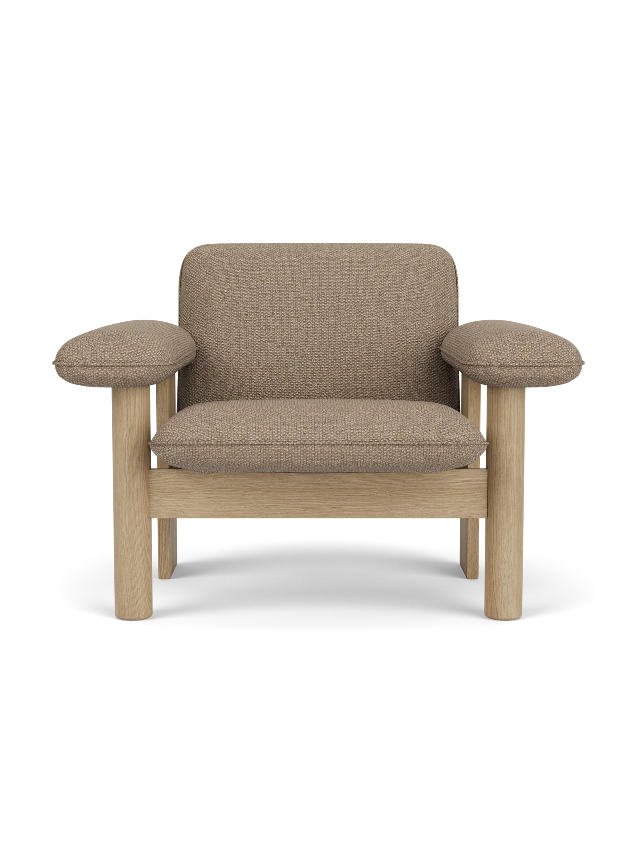 Front view of the Brasilia Lounge Chair, Low Back, upholstered in Logan Flint textile with a natural solid oak frame.