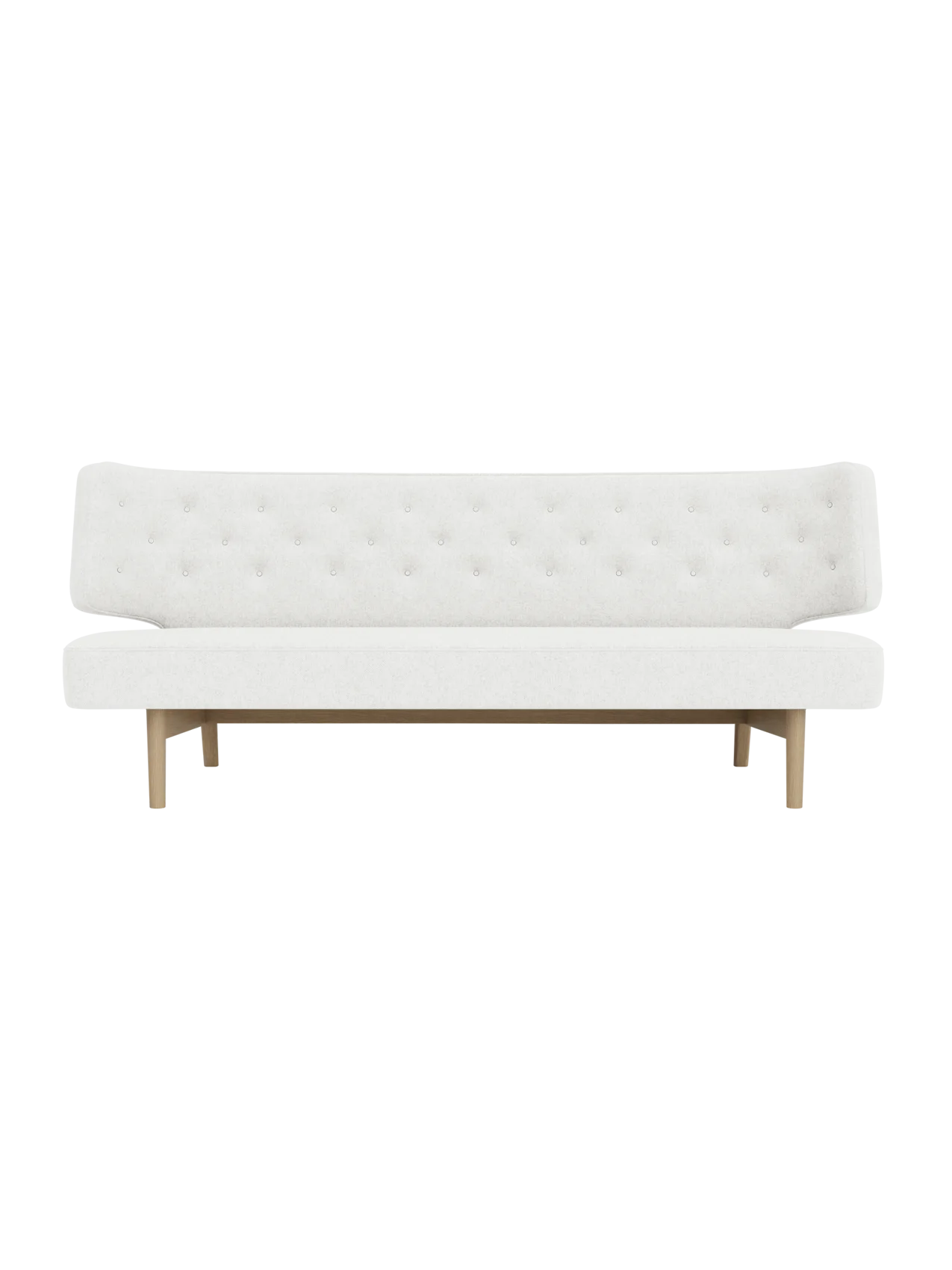 Front view of Radiohus Sofa P2, featuring off-white Hallingdal fabric with a button-tufted backrest and a natural oak frame.