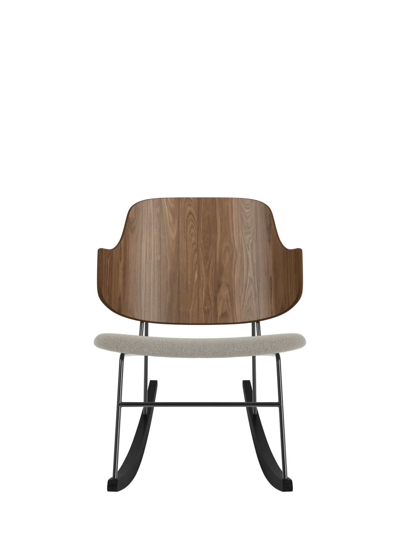 The Penguin Rocking Chair with a curved walnut back and grey Re-wool 218 upholstered seat on a black steel frame.