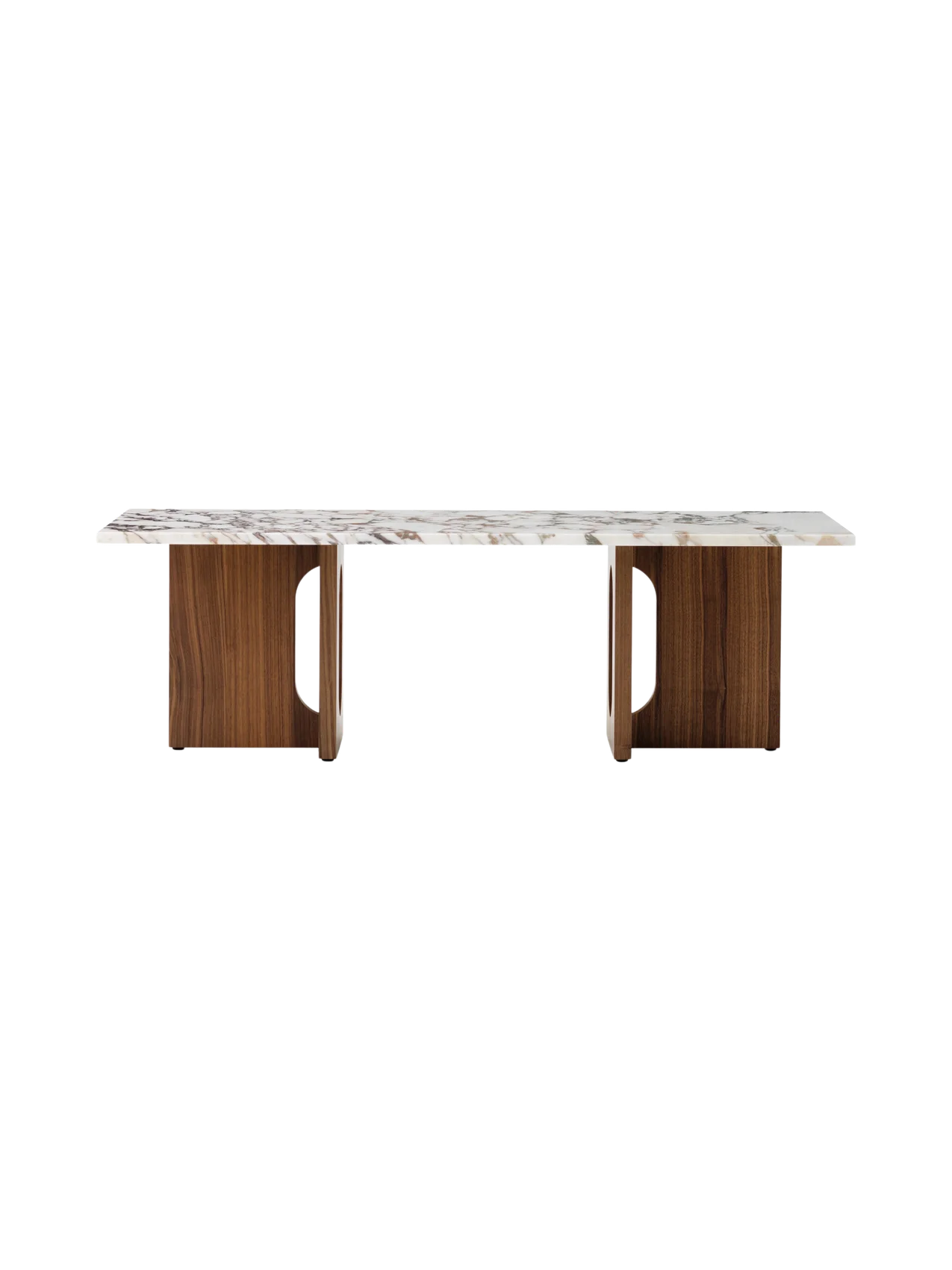 Front view of the Androgyne Lounge Table, showing its rectangular Calacatta Viola marble top on two solid walnut wood legs.