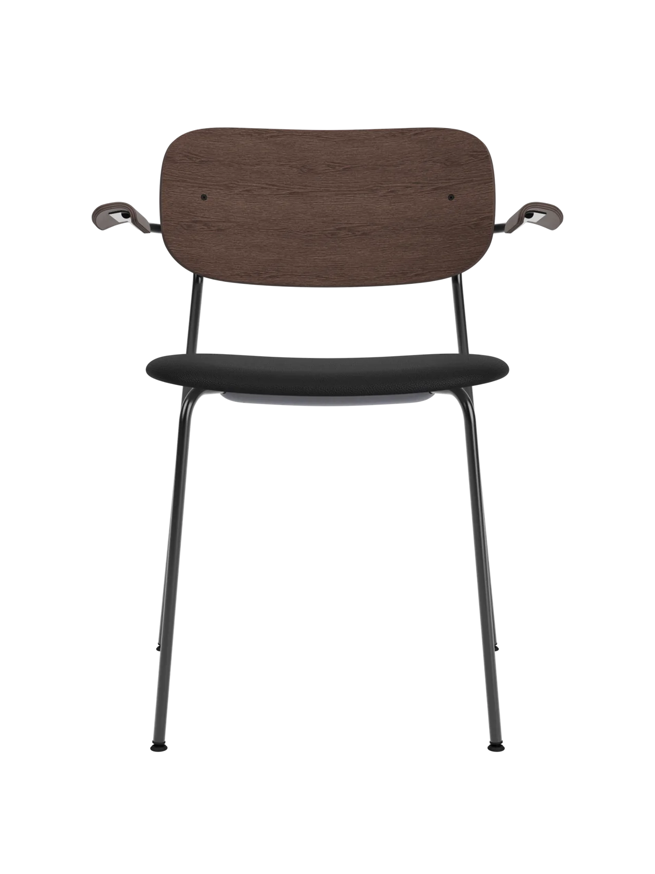Co Dining Chair with armrests, featuring a dark stained oak backrest and black upholstered seat on a sleek black frame.