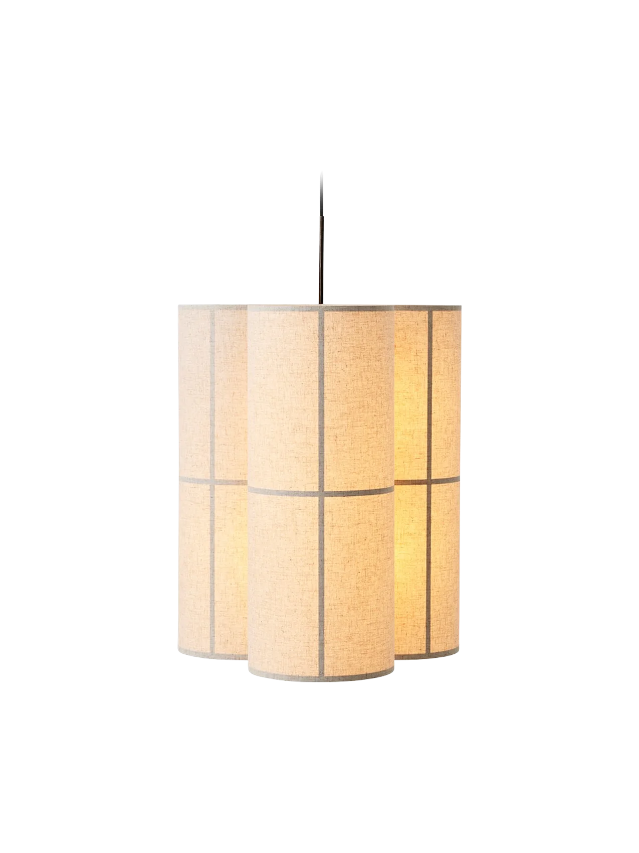 Lit Hashira Pendant Lamp, Cluster. Three cylindrical shades in raw linen hang together against a black background.