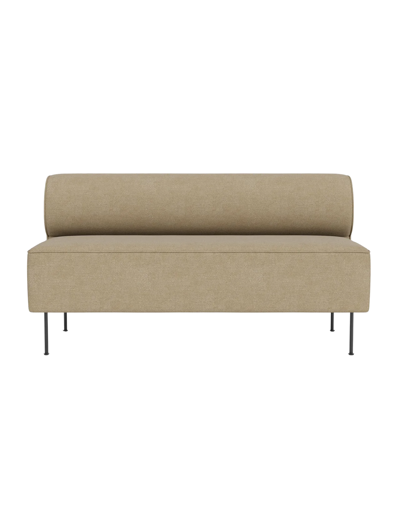 A front-on photograph of the Eave Dining Sofa upholstered in light beige Audo Bouclé 02 fabric, on thin black metal legs.