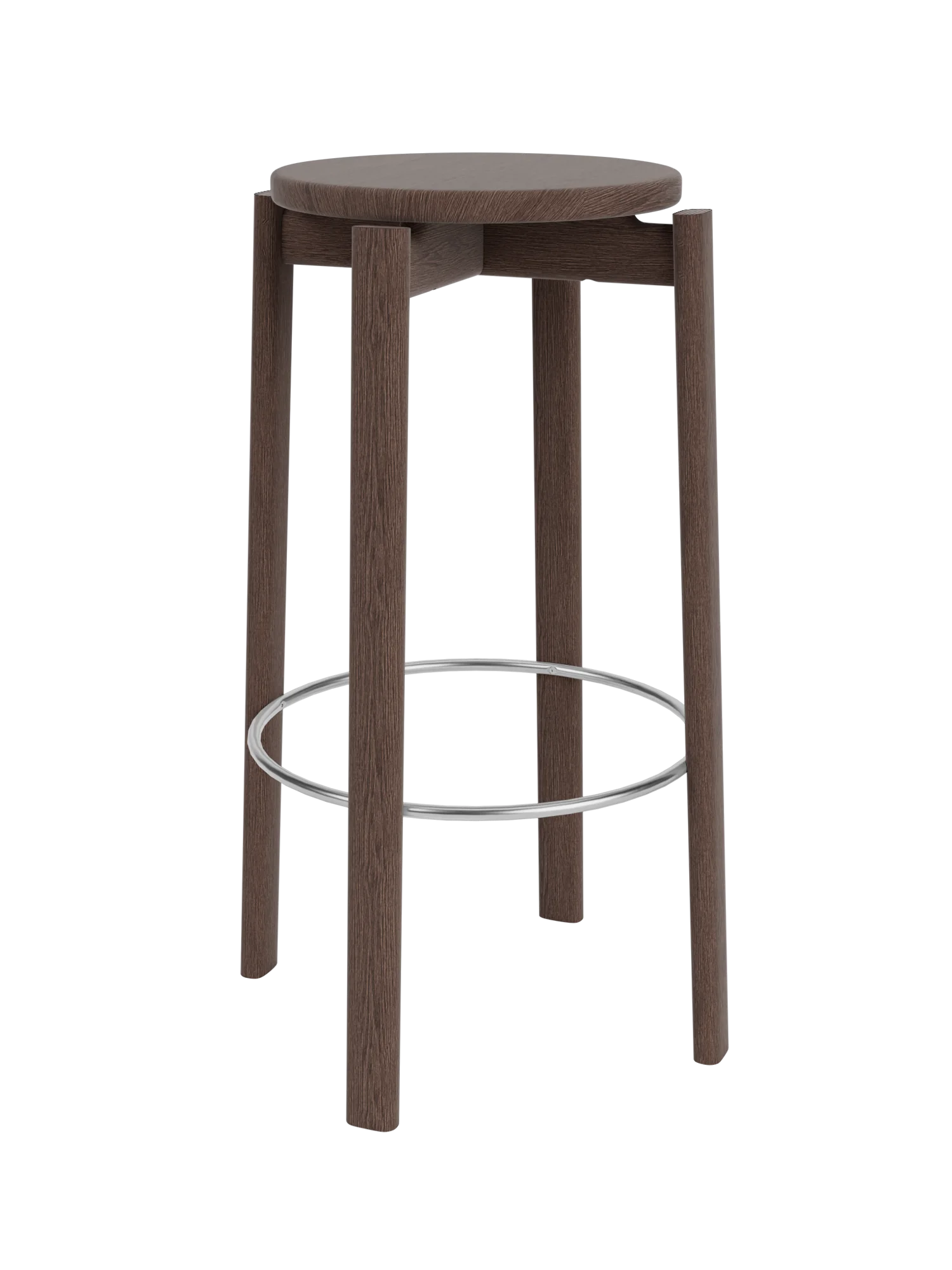 Dark brown wooden round-top bar stool with four straight legs and chrome circular footrest