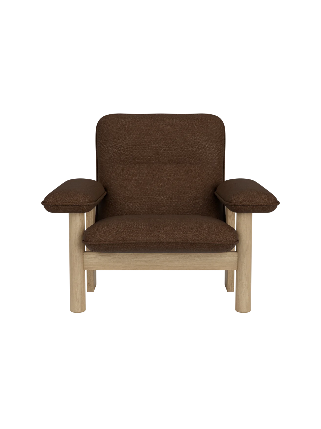 High-back Brasilia Lounge Chair in brown Audo Bouclé 07 textile with a sturdy natural oak wood frame.