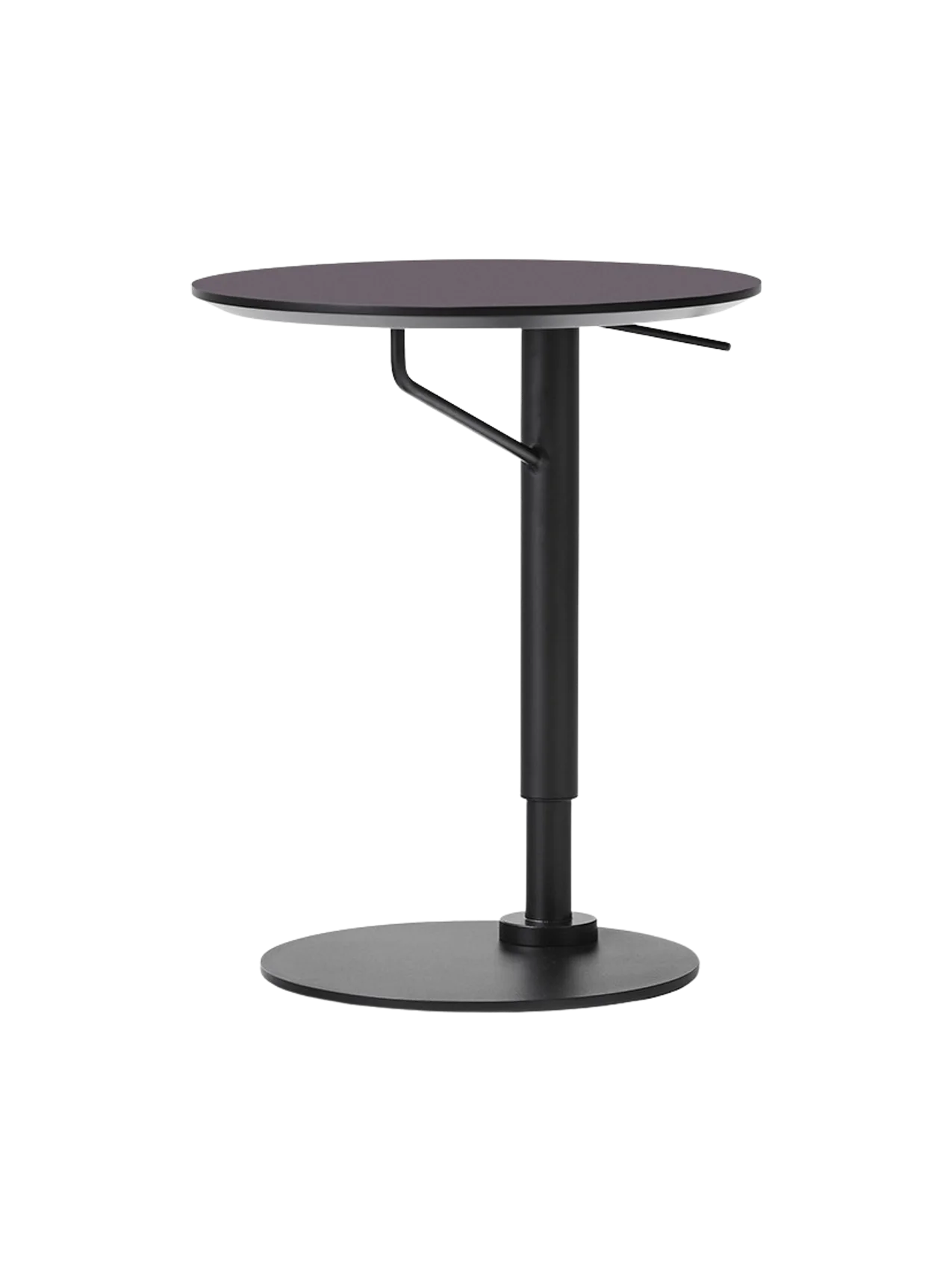Angled view of the Branch Side Table, featuring a round charcoal linoleum top and a black height-adjustable steel base.
