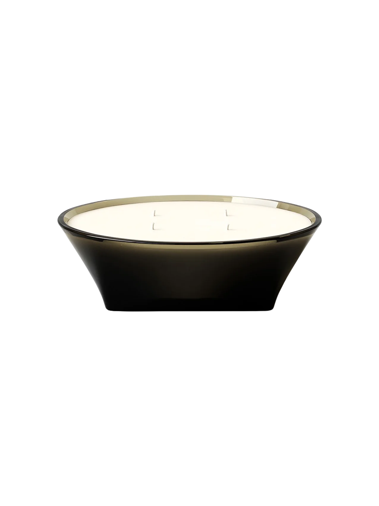 The Olfacte Chapter Statement Candle in a wide, dark, translucent glass bowl, showing four wicks in the off-white wax.