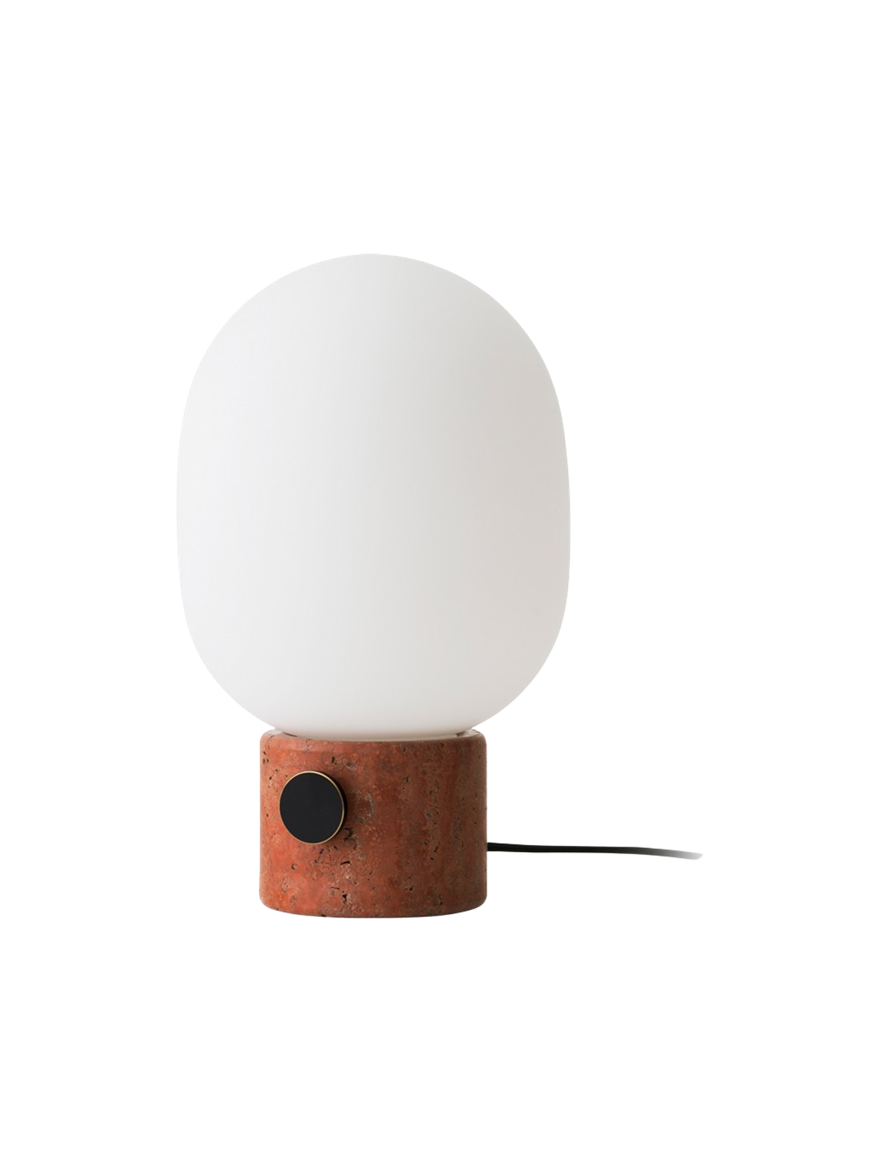JWDA Table Lamp, Large with a porous, cylindrical Red Travertine Stone base and a large white glass shade.