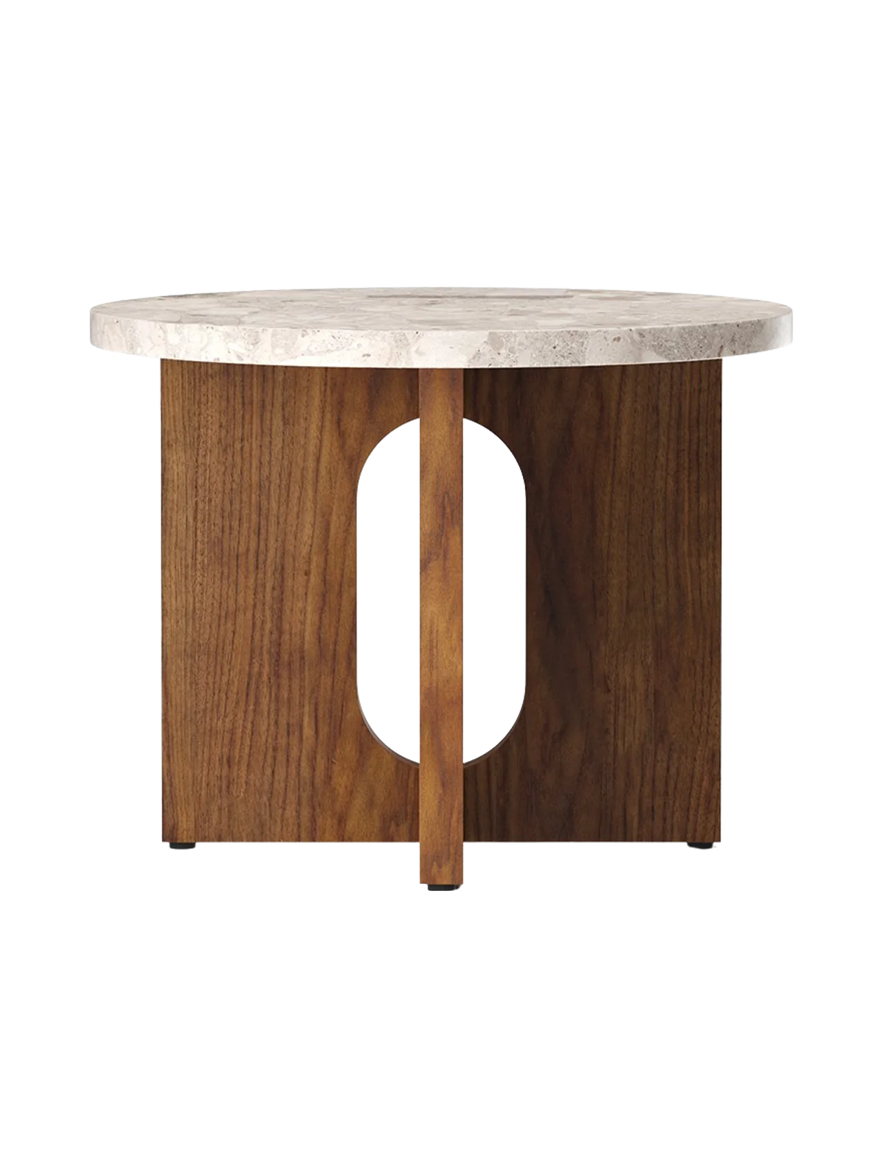 Androgyne Side Table, Ø50, with a round, light-veined Kunis Breccia stone top and a walnut base with a central oval cutout.