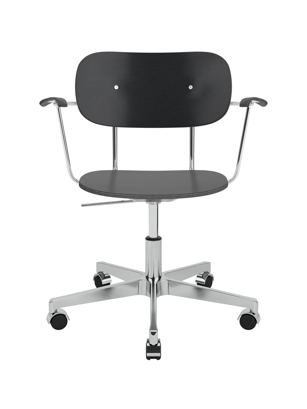 Black oak veneer Co Task Chair with armrests and a polished aluminium five-star base on castors.