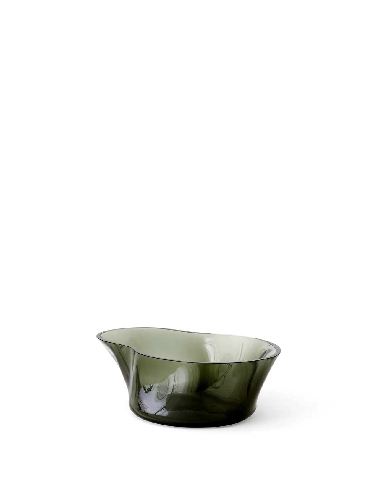 An angled view of the Aer Bowl, a sculptural piece of dark, smoky green glass with an organic, undulating rim.