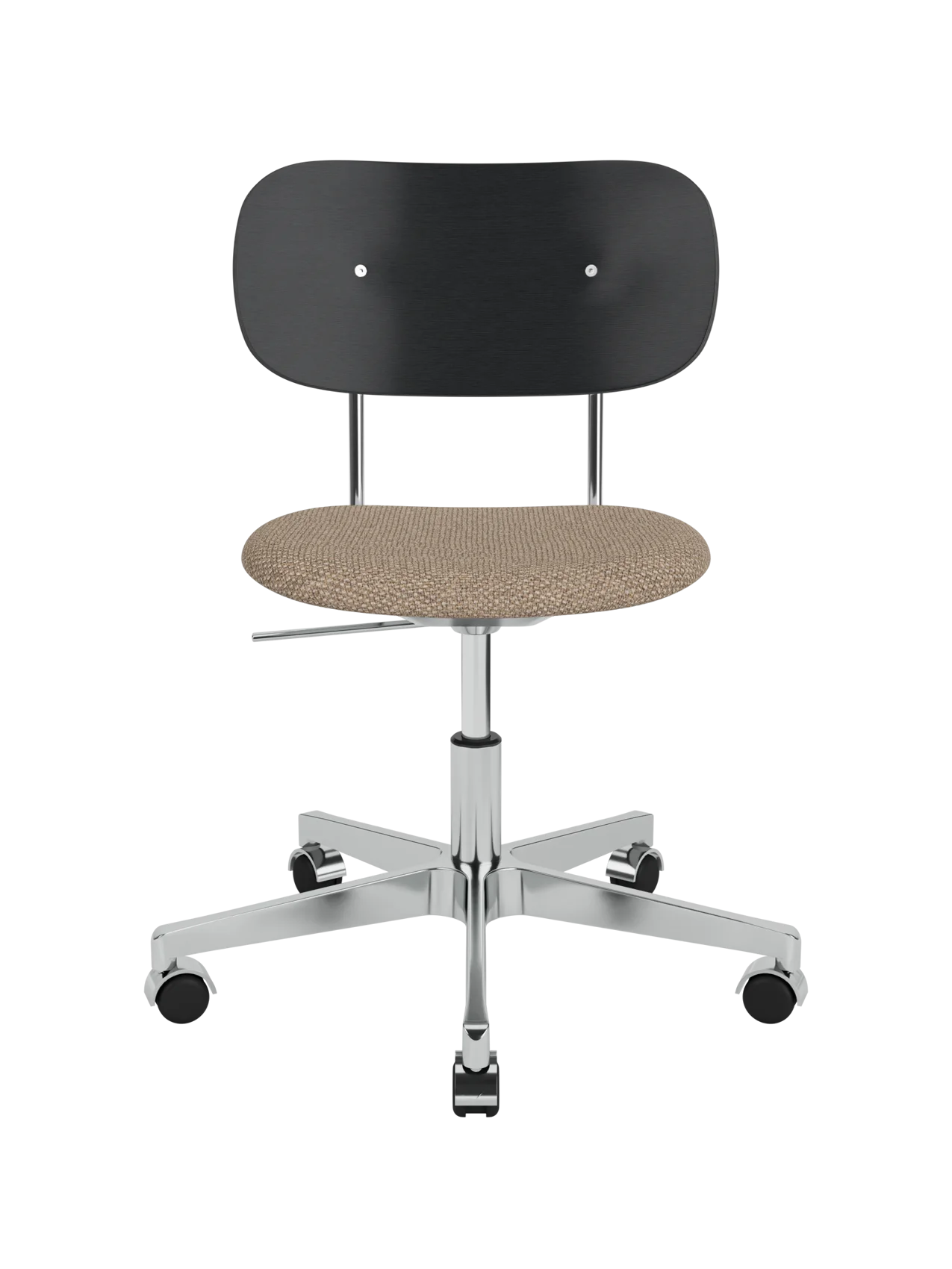Black oak Co Task Chair with a textured Logan Flint upholstered seat and chrome-finish aluminium swivel base on castors.