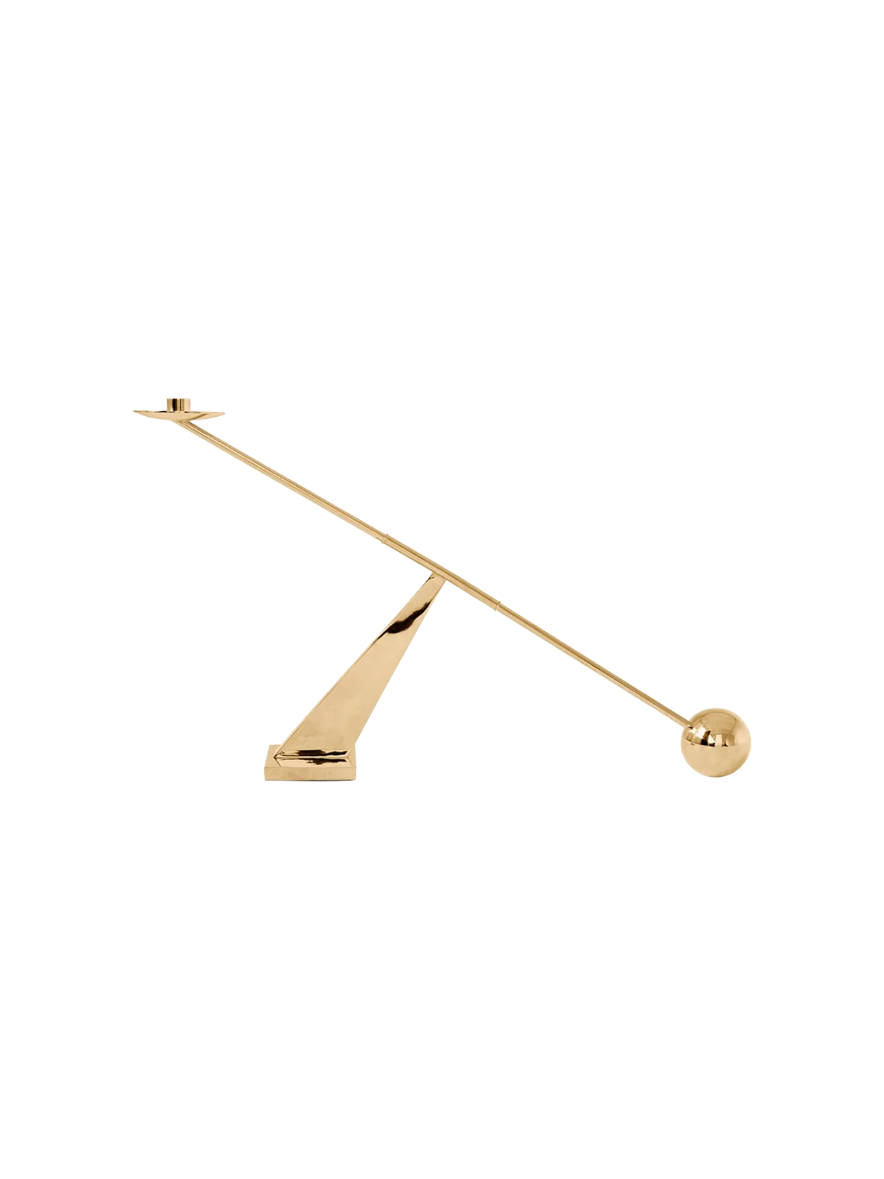 A side view of the sculptural Interconnect Candle Holder in polished brass, balanced on a triangular base.