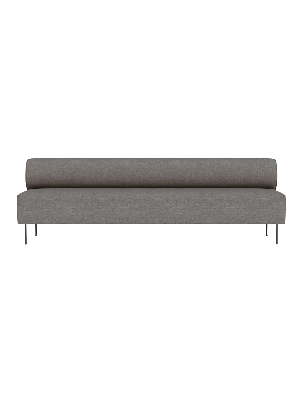 Front view of the Eave Dining Sofa in grey Audo Bouclé 16 fabric, a long minimalist banquette with a low back on slim legs.
