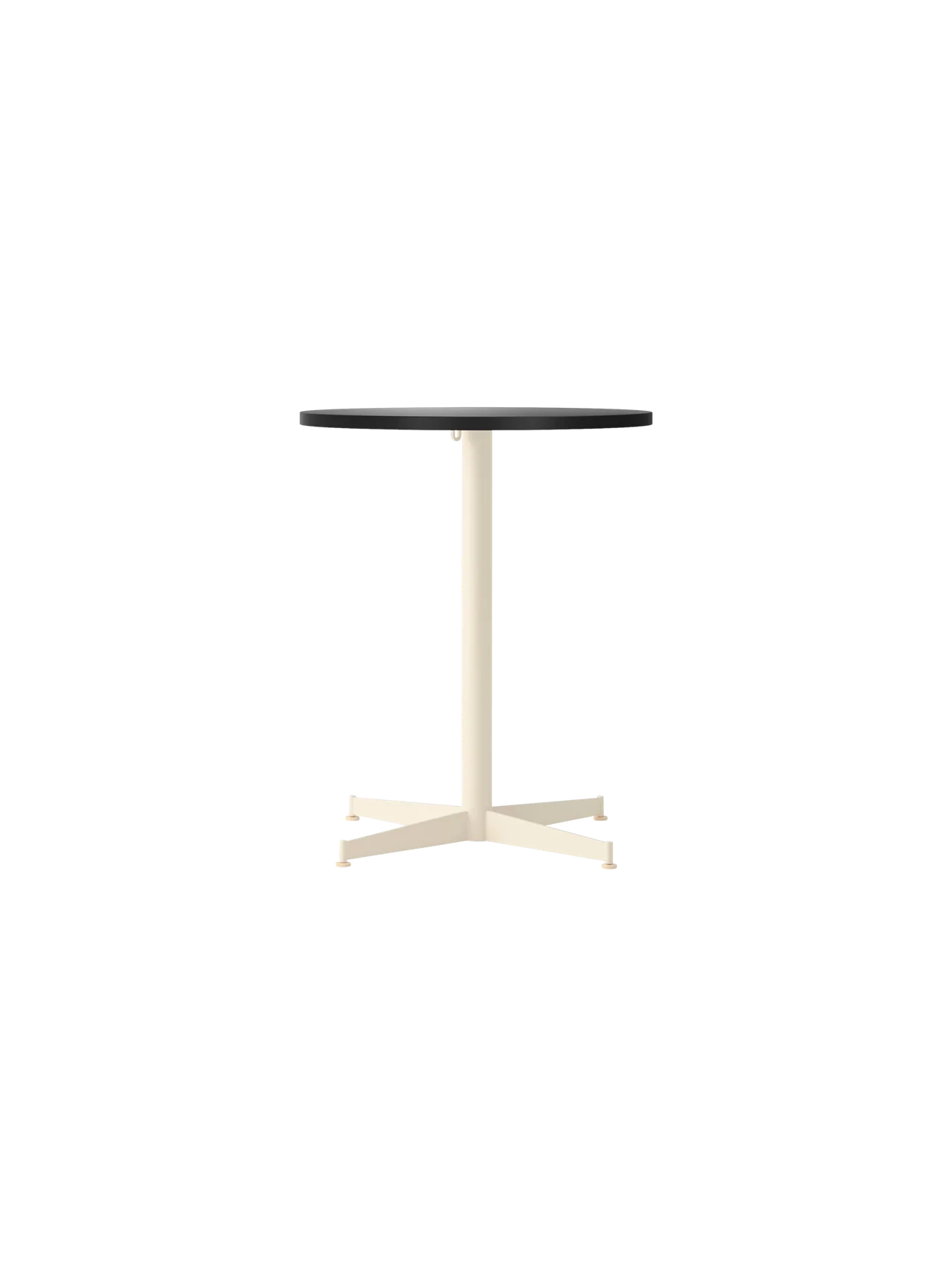 Front view of the Nook Dining Table with a round charcoal linoleum top and an ivory powder-coated steel four-star base.