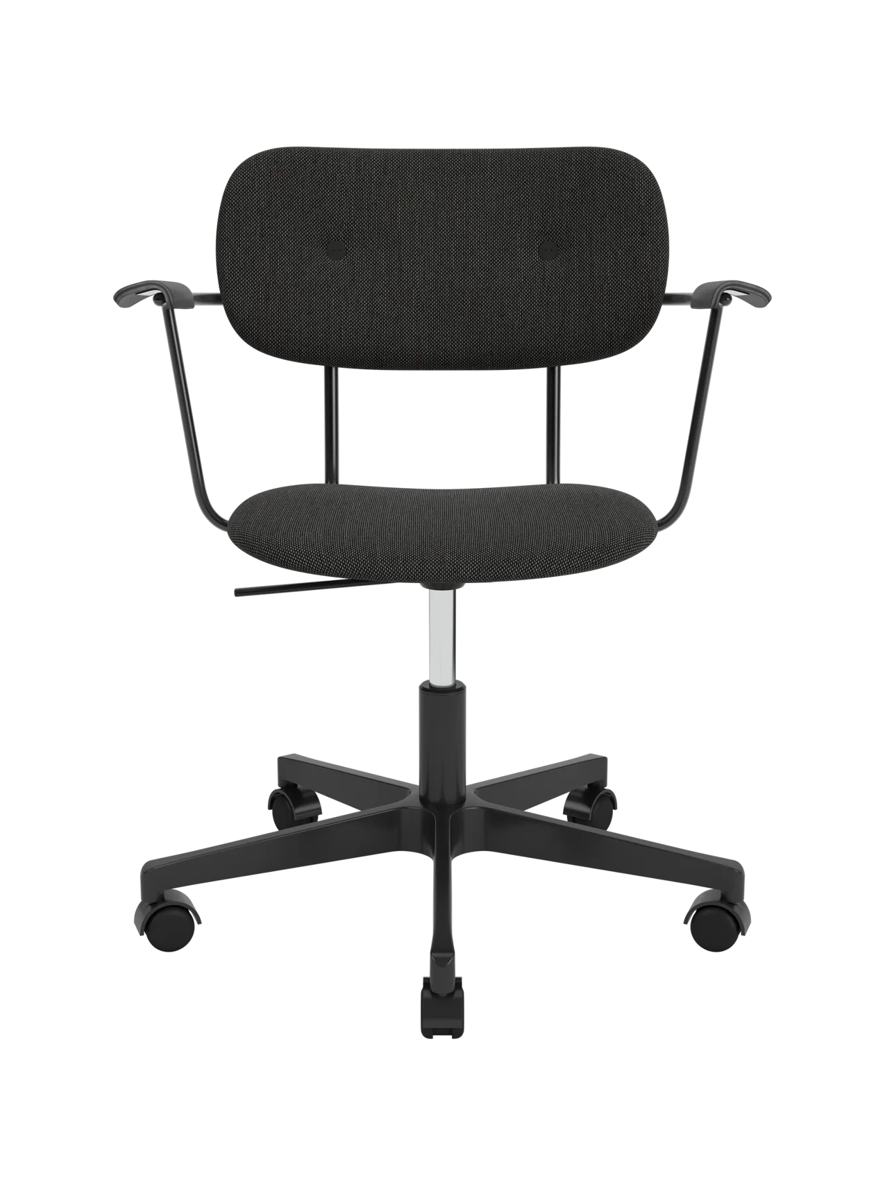Co Task Chair featuring black Re-wool 0198 upholstery, black painted oak armrests and a five-star swivel base with casters.