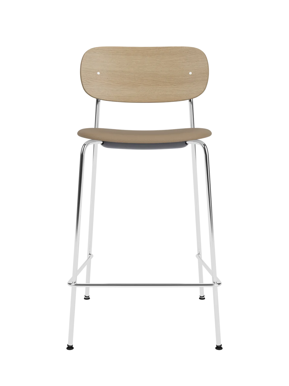 Co Counter Chair with natural oak back, upholstered seat and chrome steel frame.