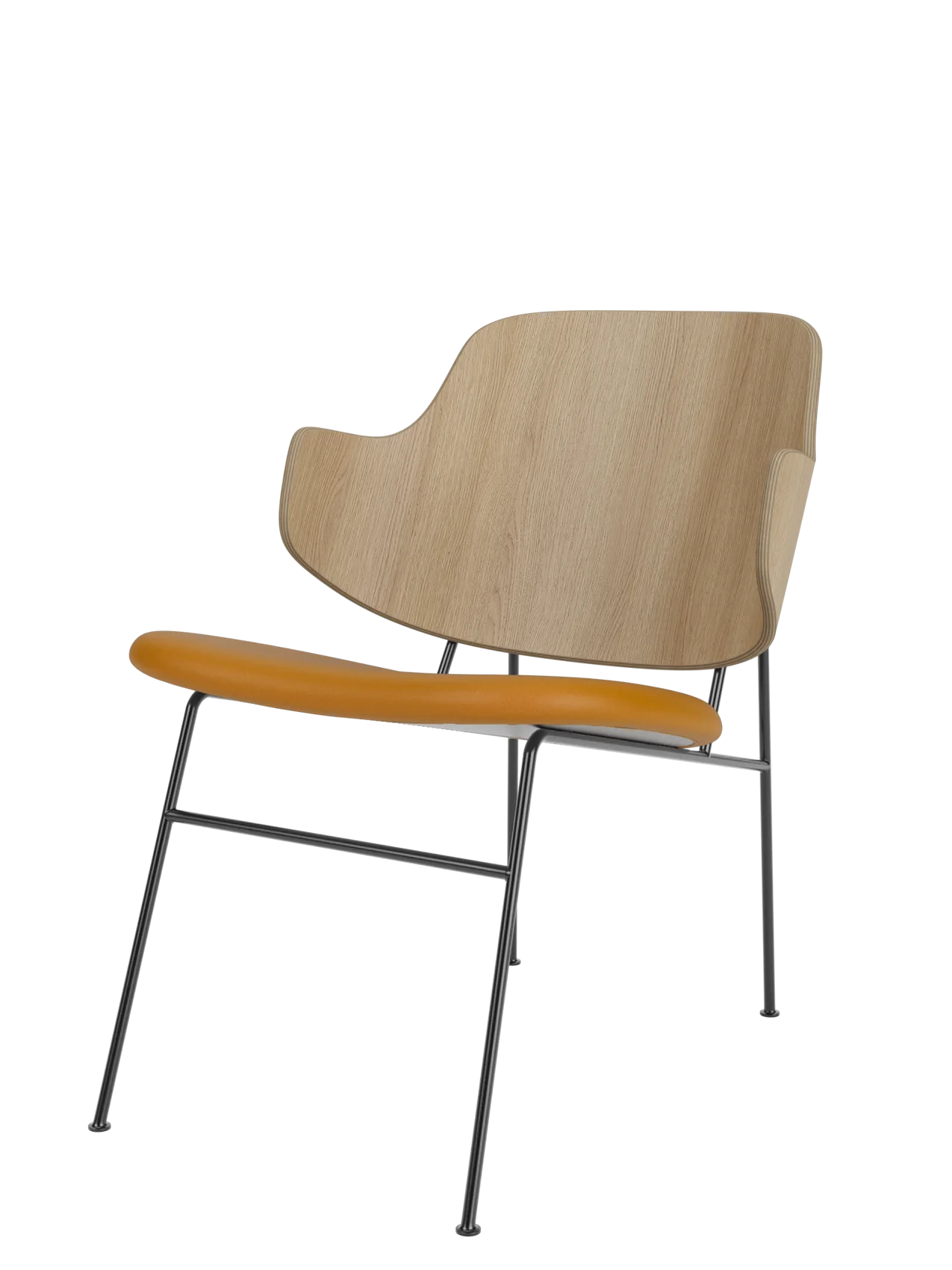 The Penguin Lounge Chair with a curved natural oak back, a tan leather seat, and a slim, dark powder-coated steel frame.