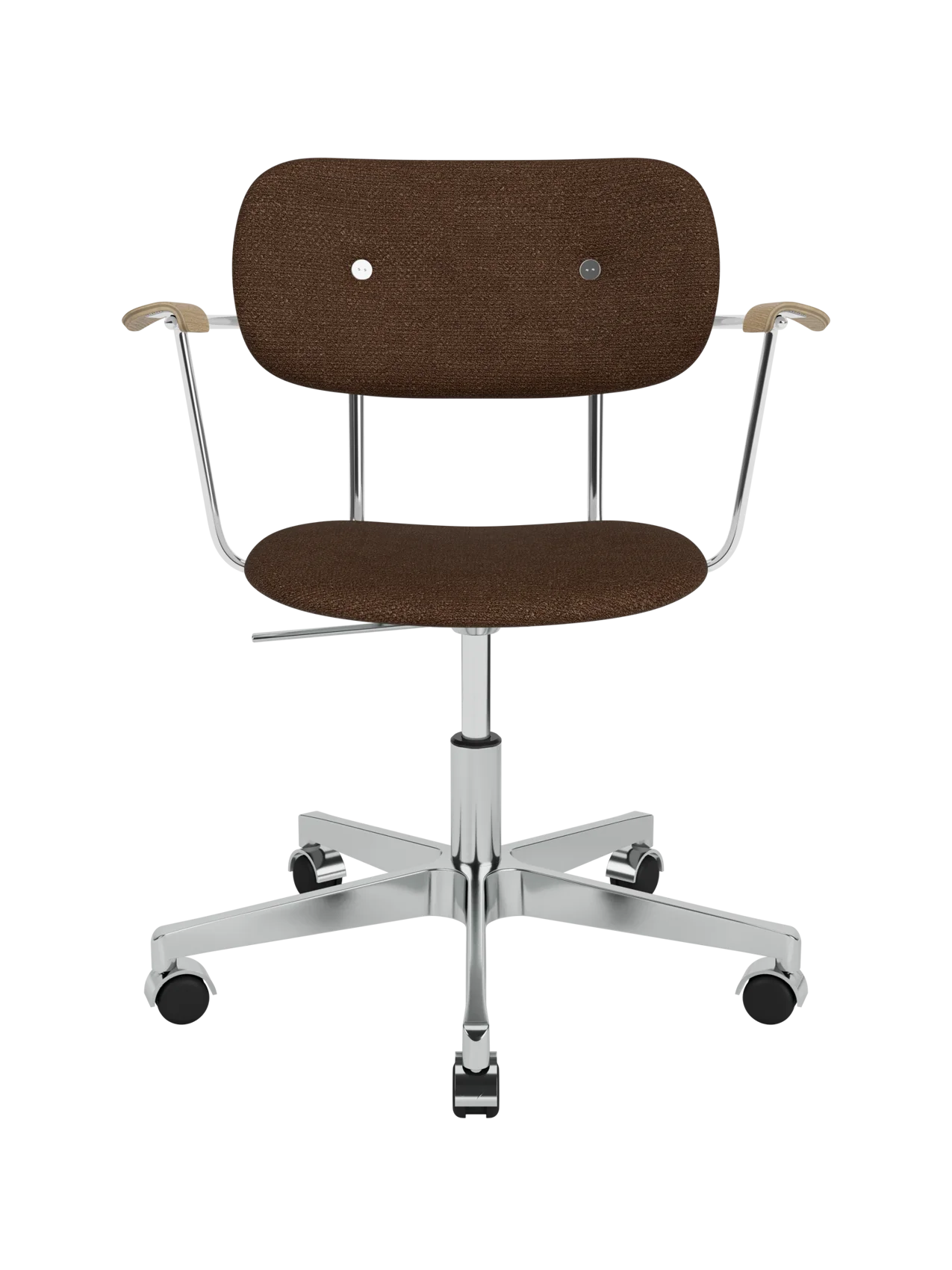 Co Task Chair in brown Bouclé 07 upholstery with natural oak armrests and a polished chrome base on casters.